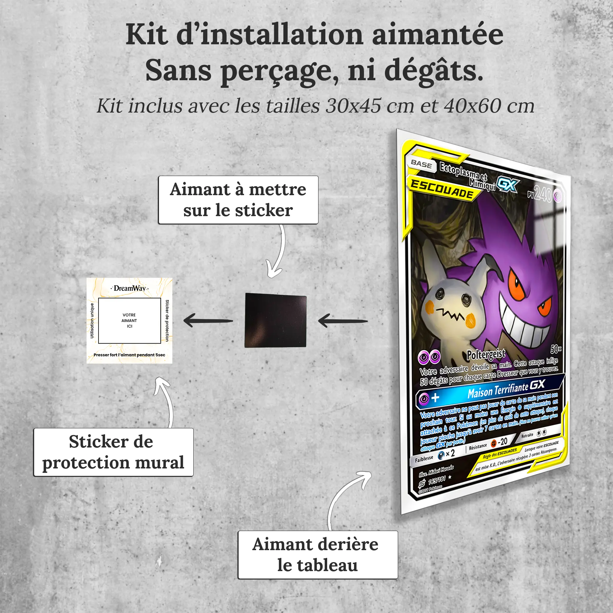 Tableau-Carte-Pokemon-Ectoplasma-et-Mimiqui-Duo-de-Choc-avec-installation-aimantee | DreamWay