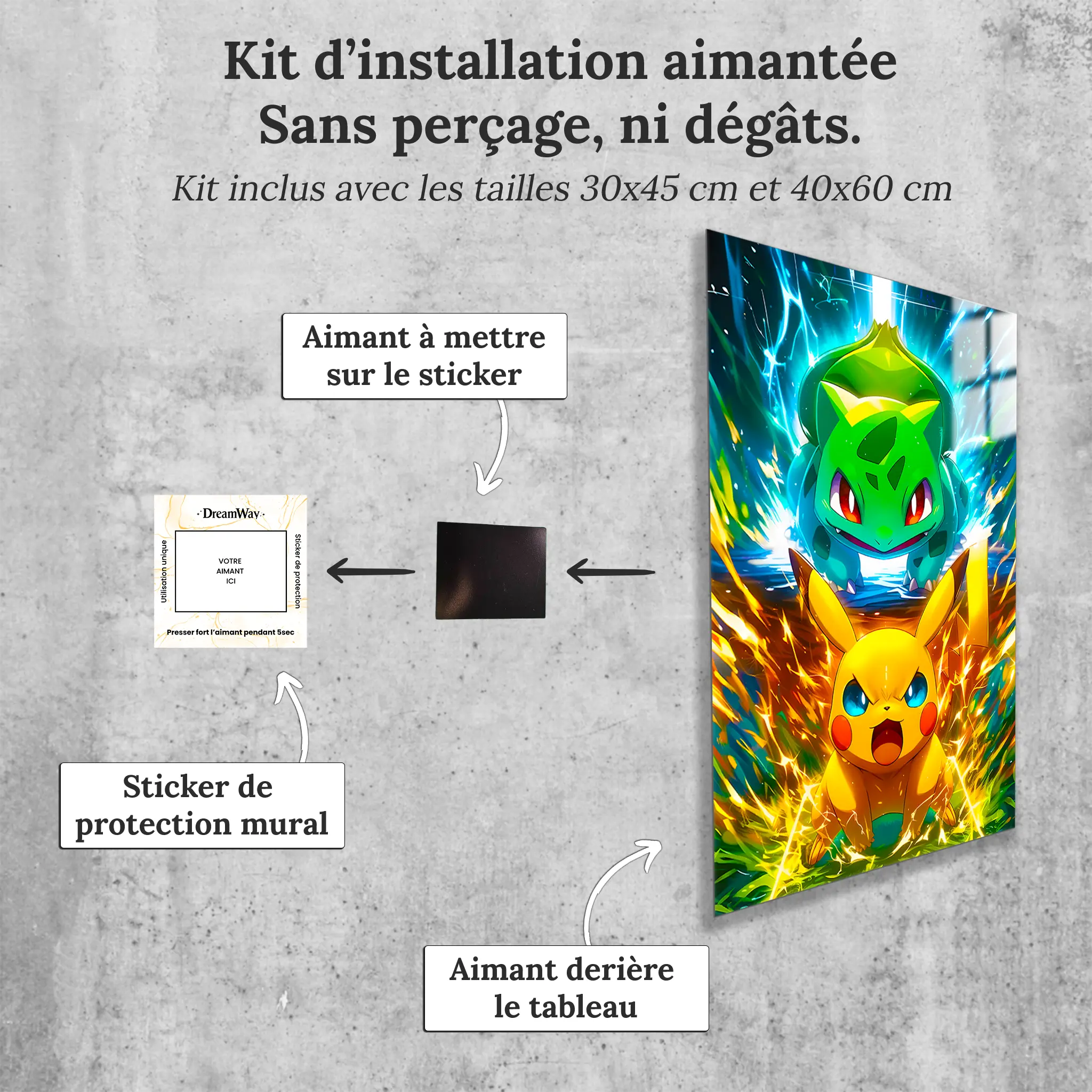 Tableau-attaque-de-pikachu-et-bulbizarre-avec-installation-aimantee | DreamWay