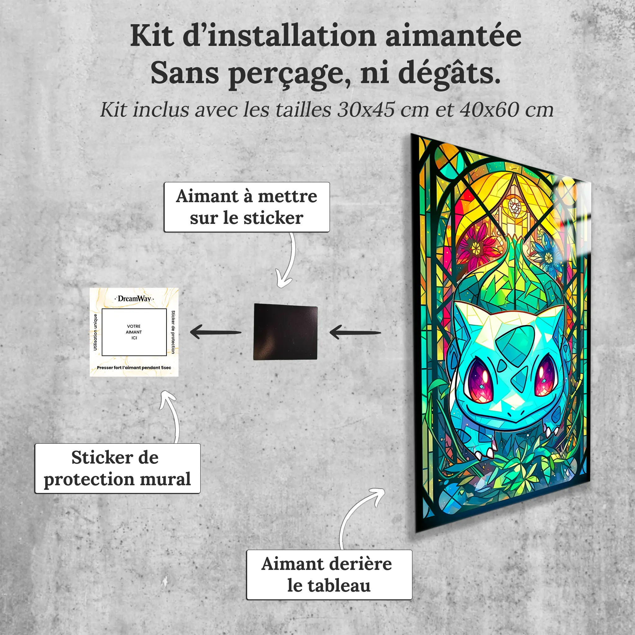 Tableau-bulbizarre-vitrail-avec-installation-aimantee | DreamWay