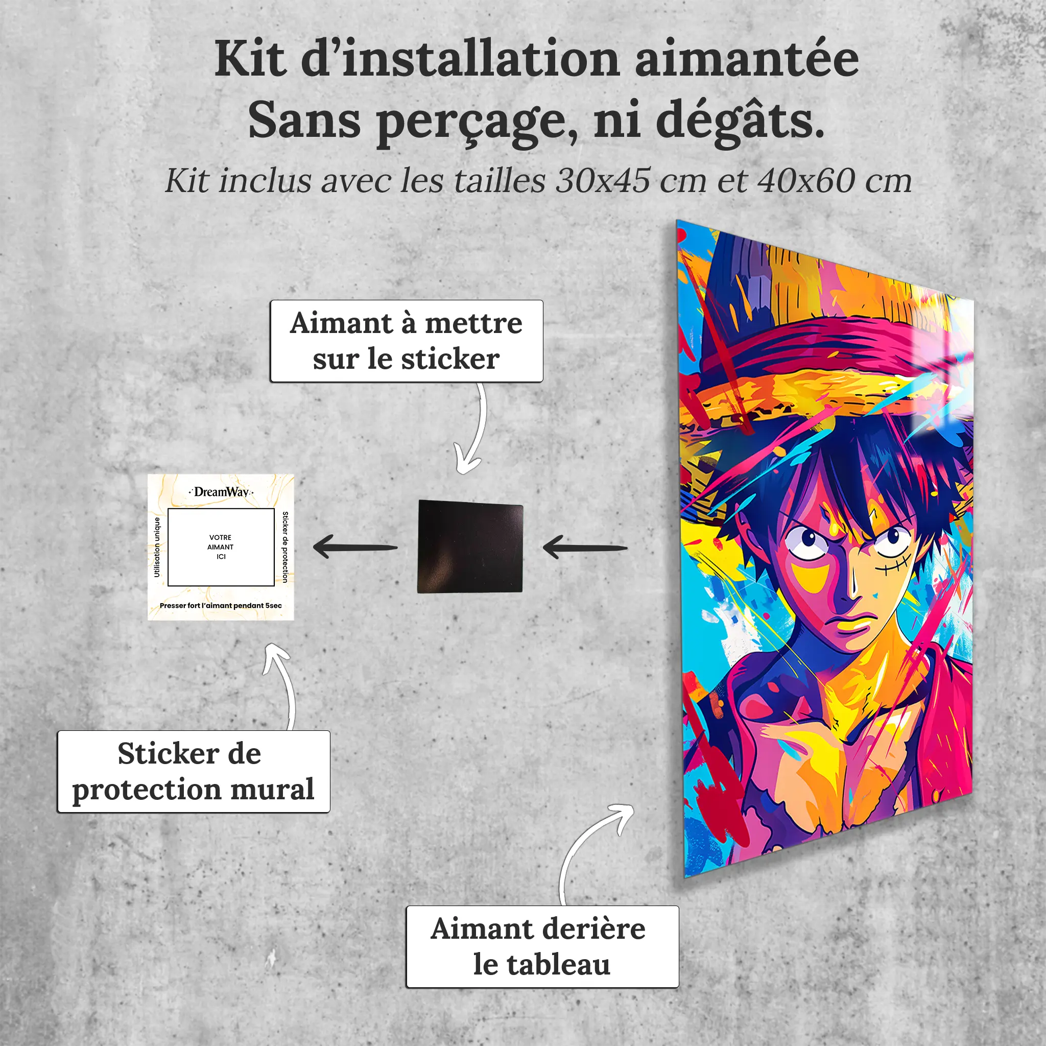 Tableau-one-piece-Luffy-colore-avec-installation-aimantee | DreamWay