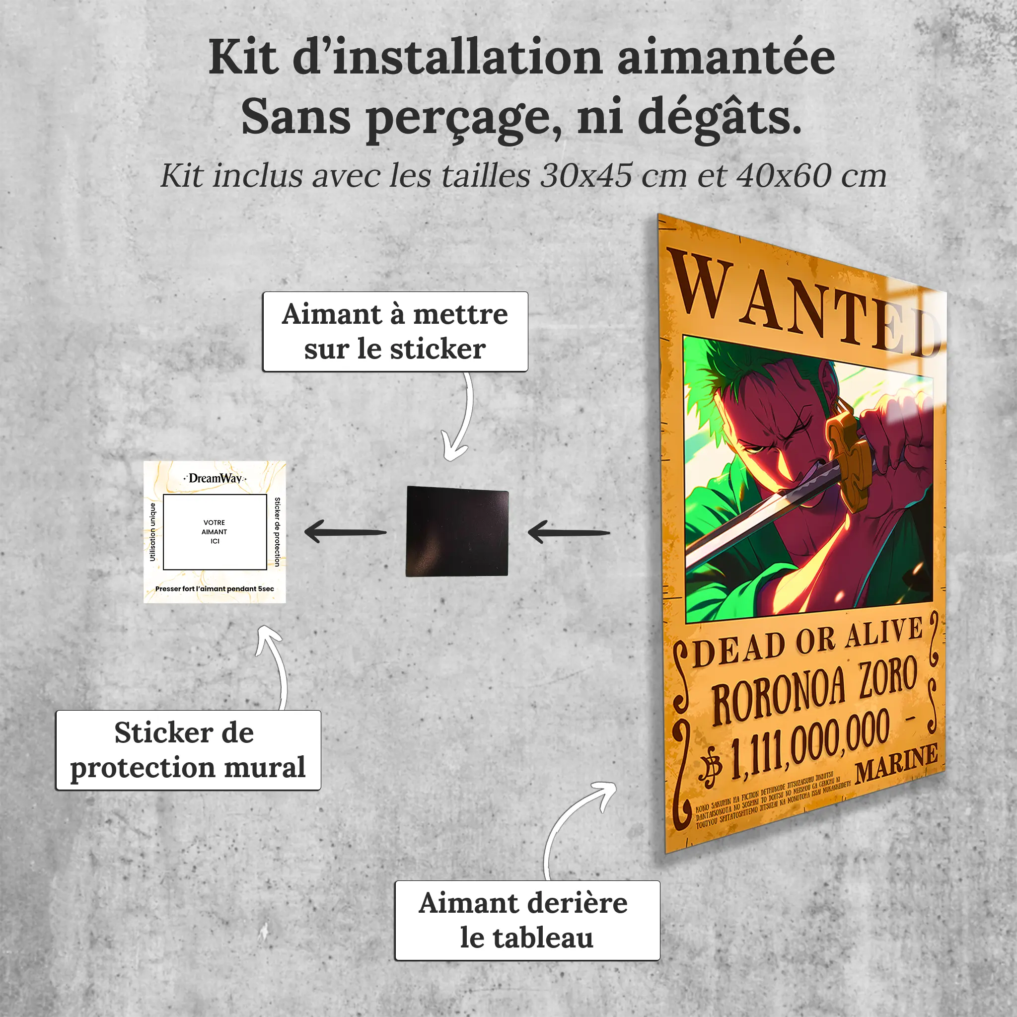 Tableau-one-piece-wanted-zoro-avec-installation-aimantee | DreamWay