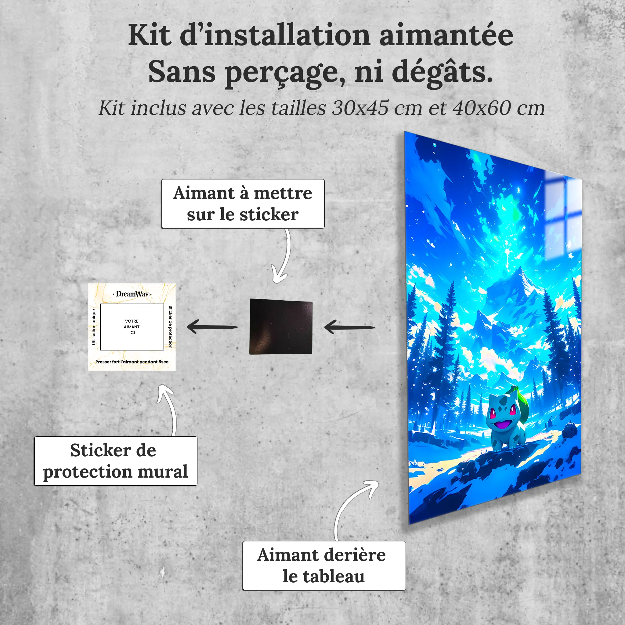 Tableau-pokemon-bulbizarre-paysage-avec-installation-aimantee | DreamWay