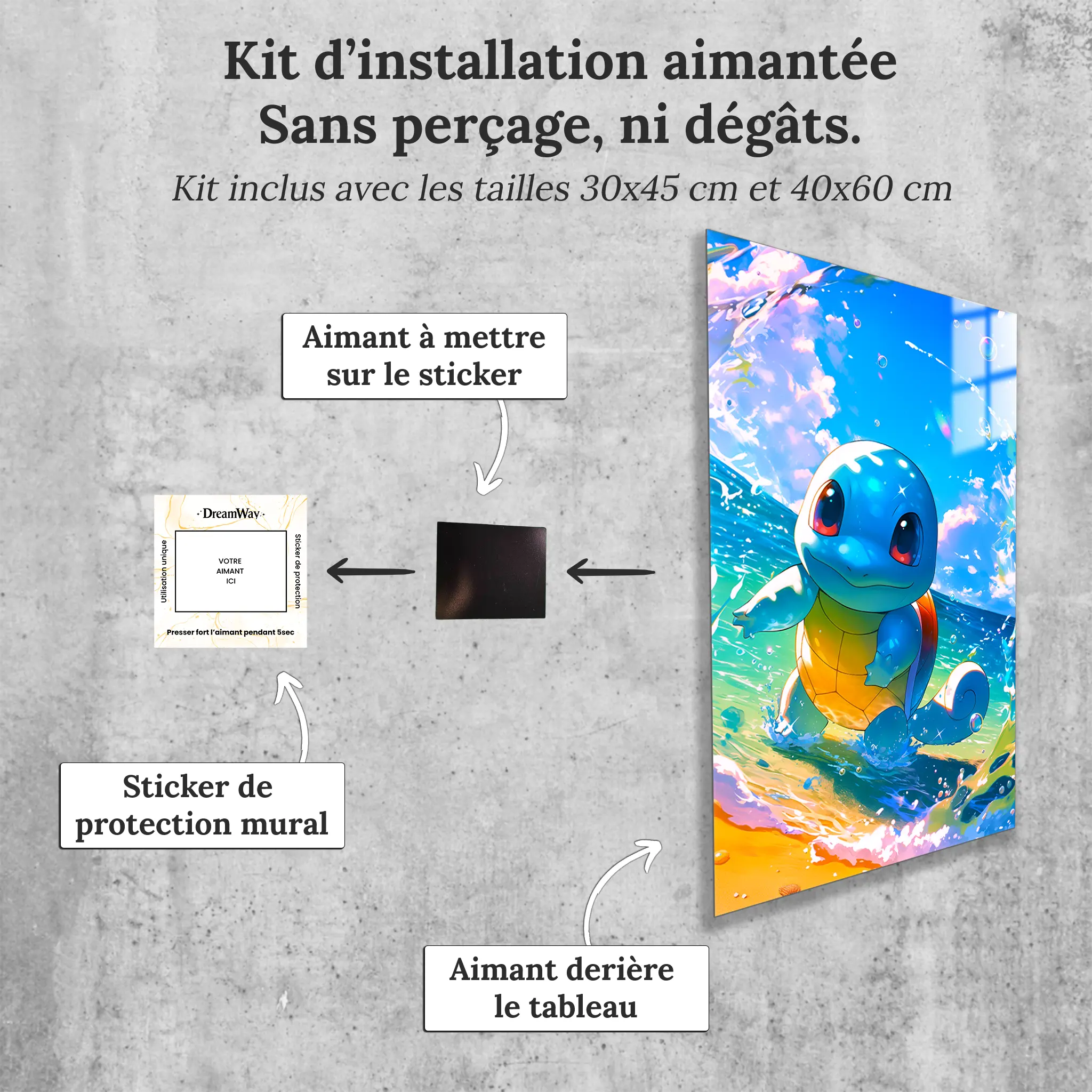 Tableau-pokemon-carapuce-a-la-plage-avec-installation-aimantee | DreamWay