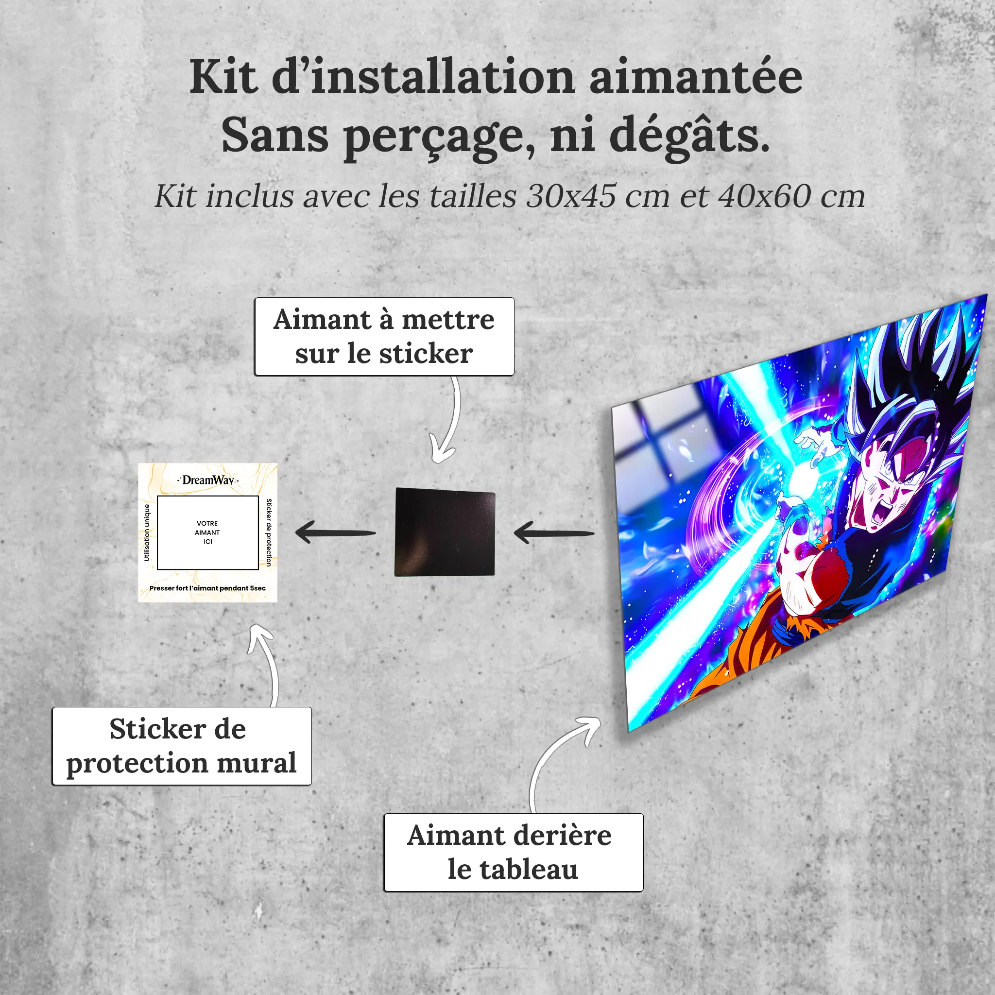 Tableau-son-goku-attaque-kameha-avec-installation-aimantee | DreamWay