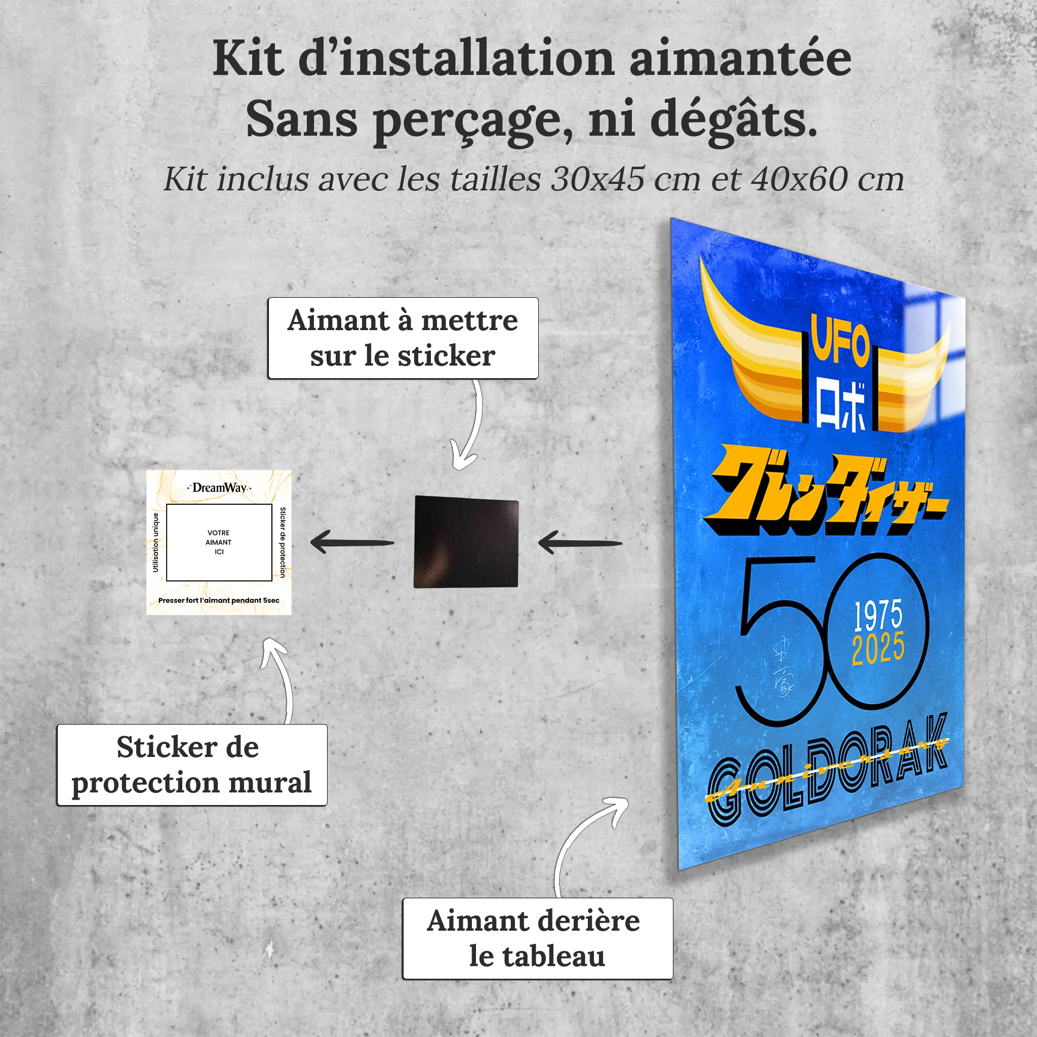 tableau-50-ans-goldorak-affiche-bleu-avec-installation-aimantee | DreamWay