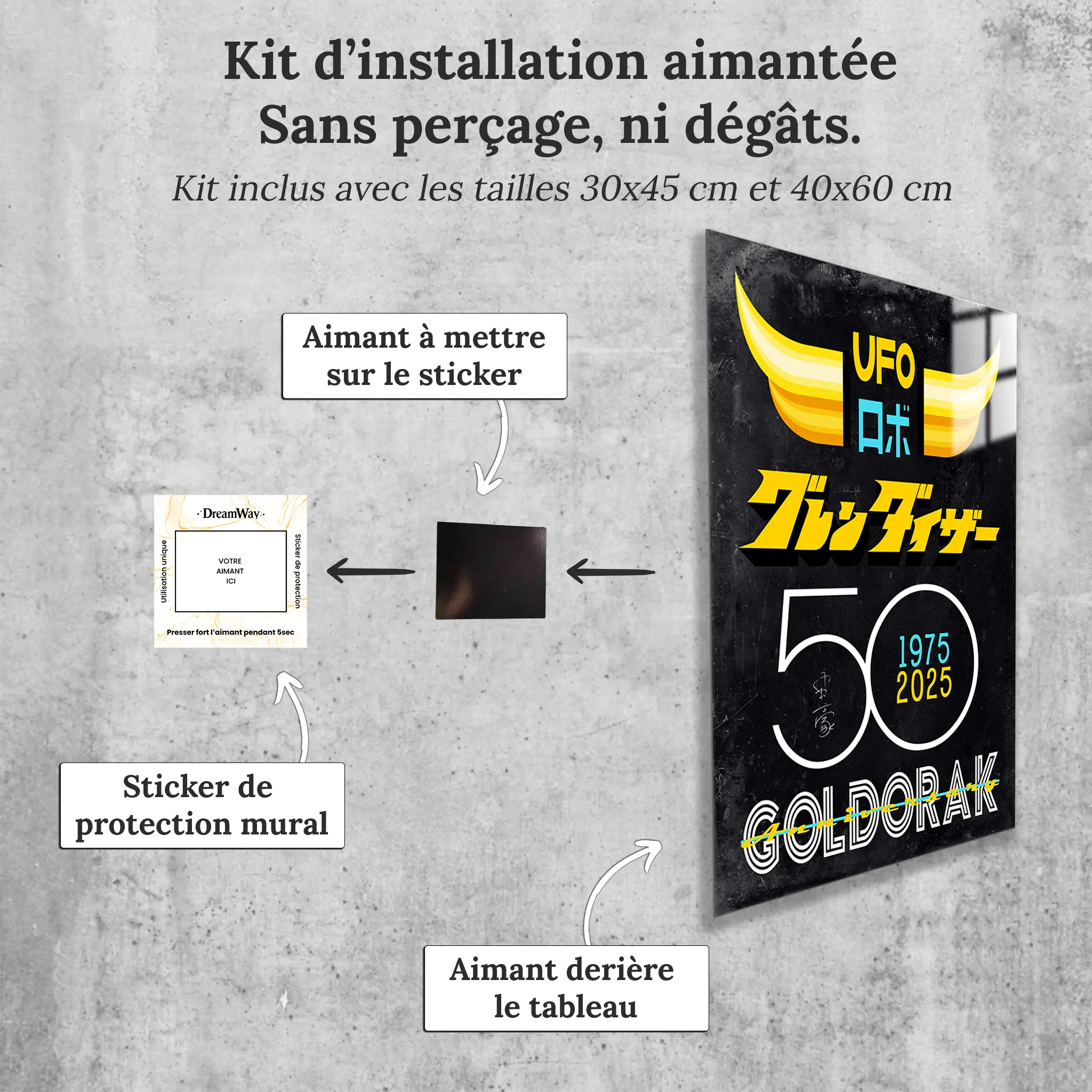 tableau-50-ans-goldorak-affiche-gris-avec-installation-aimantee | DreamWay