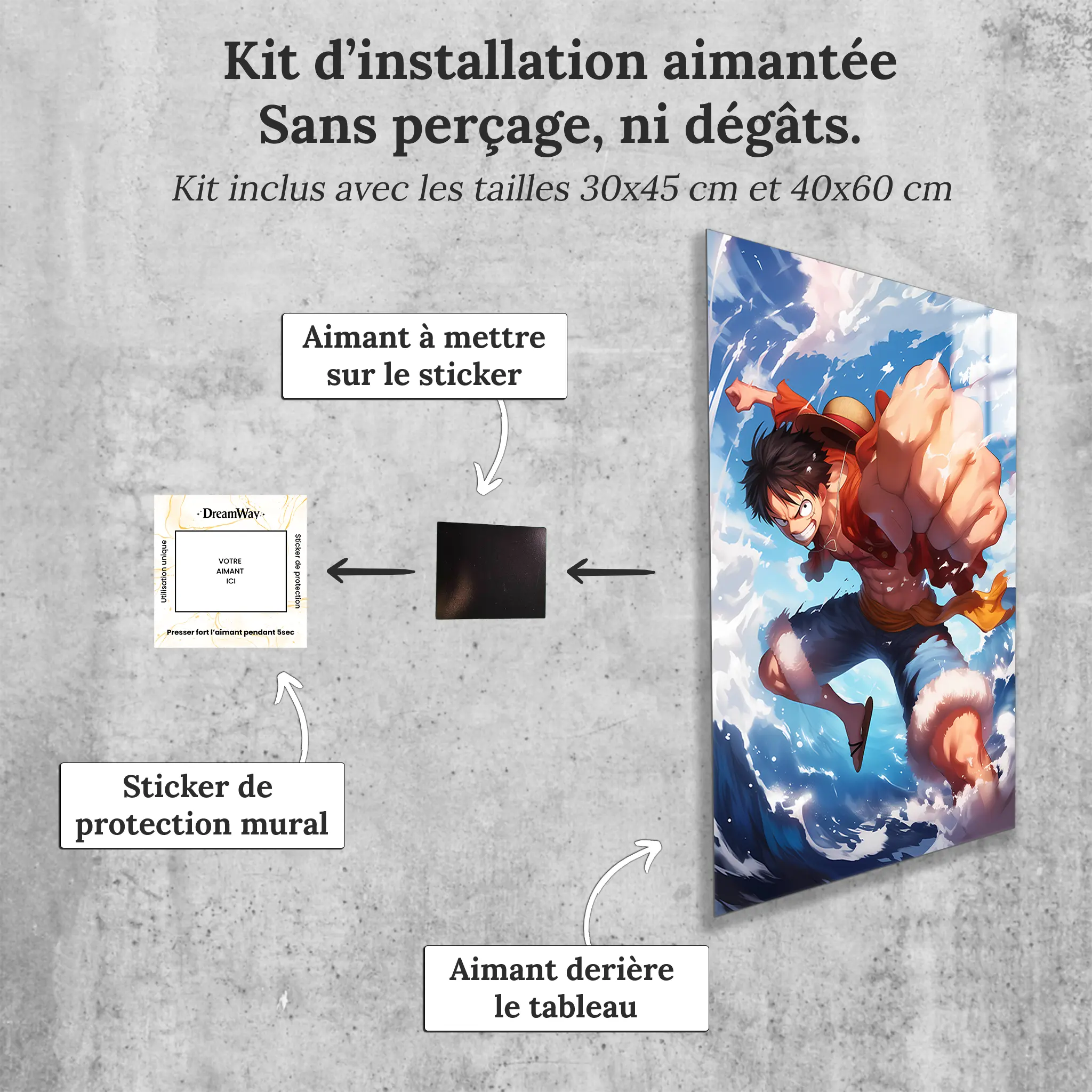 tableau-One-piece-Luffy-coup-de-poing-avec-installation-aimantee | DreamWay
