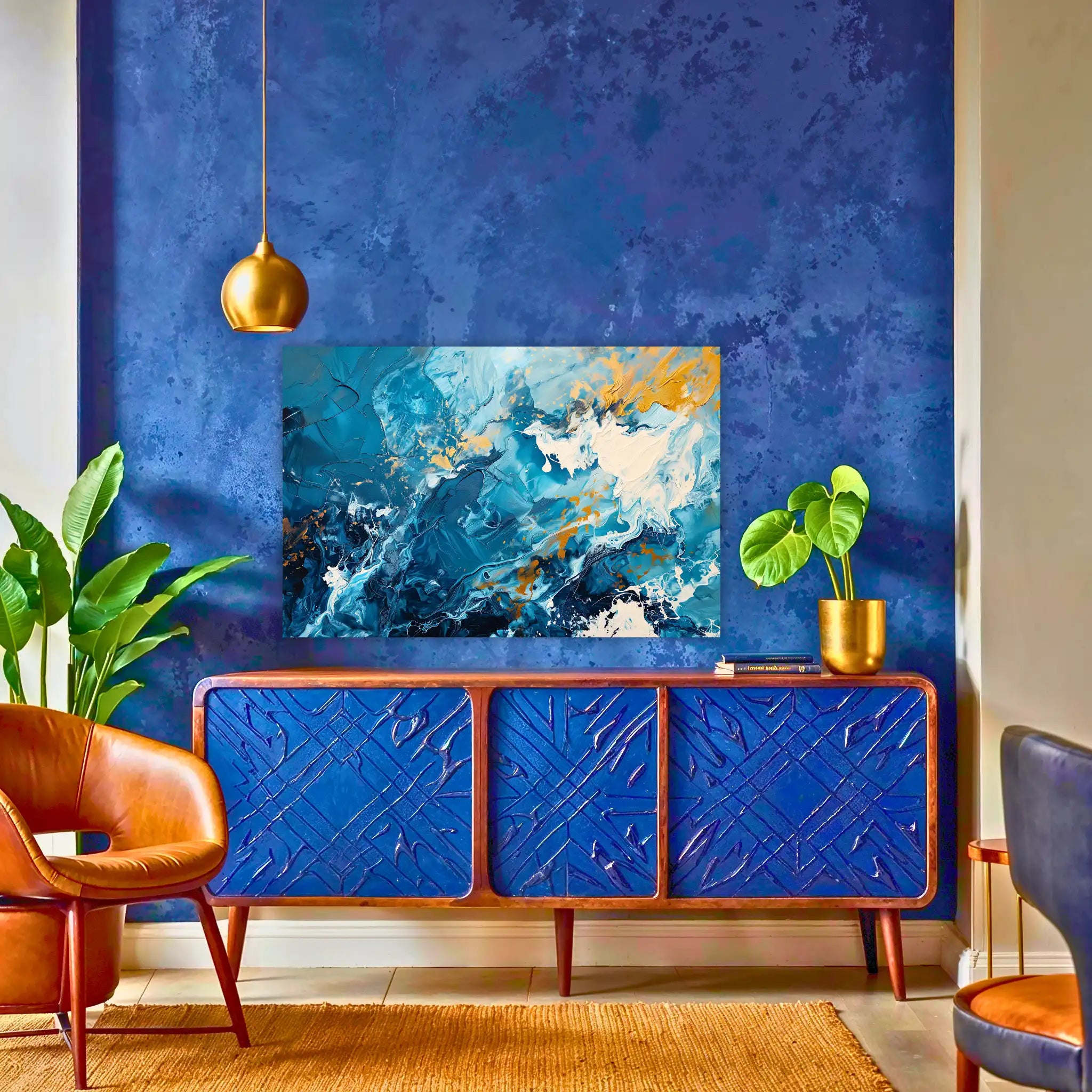 tableau-abstrait-bleu-et-blanc-au-dessus-du-buffet | DreamWay