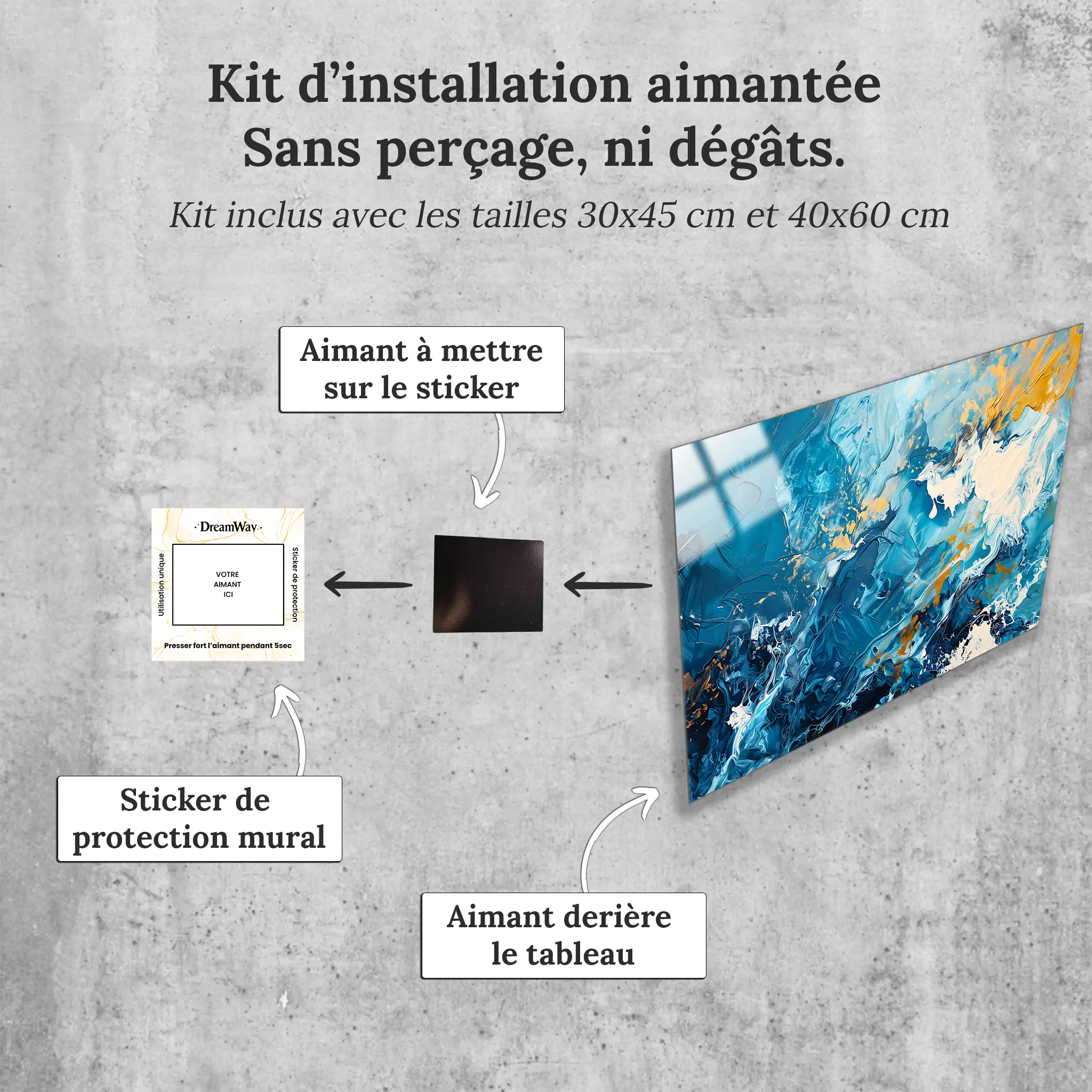 tableau-abstrait-bleu-et-blanc-avec-installation-aimantee | DreamWay