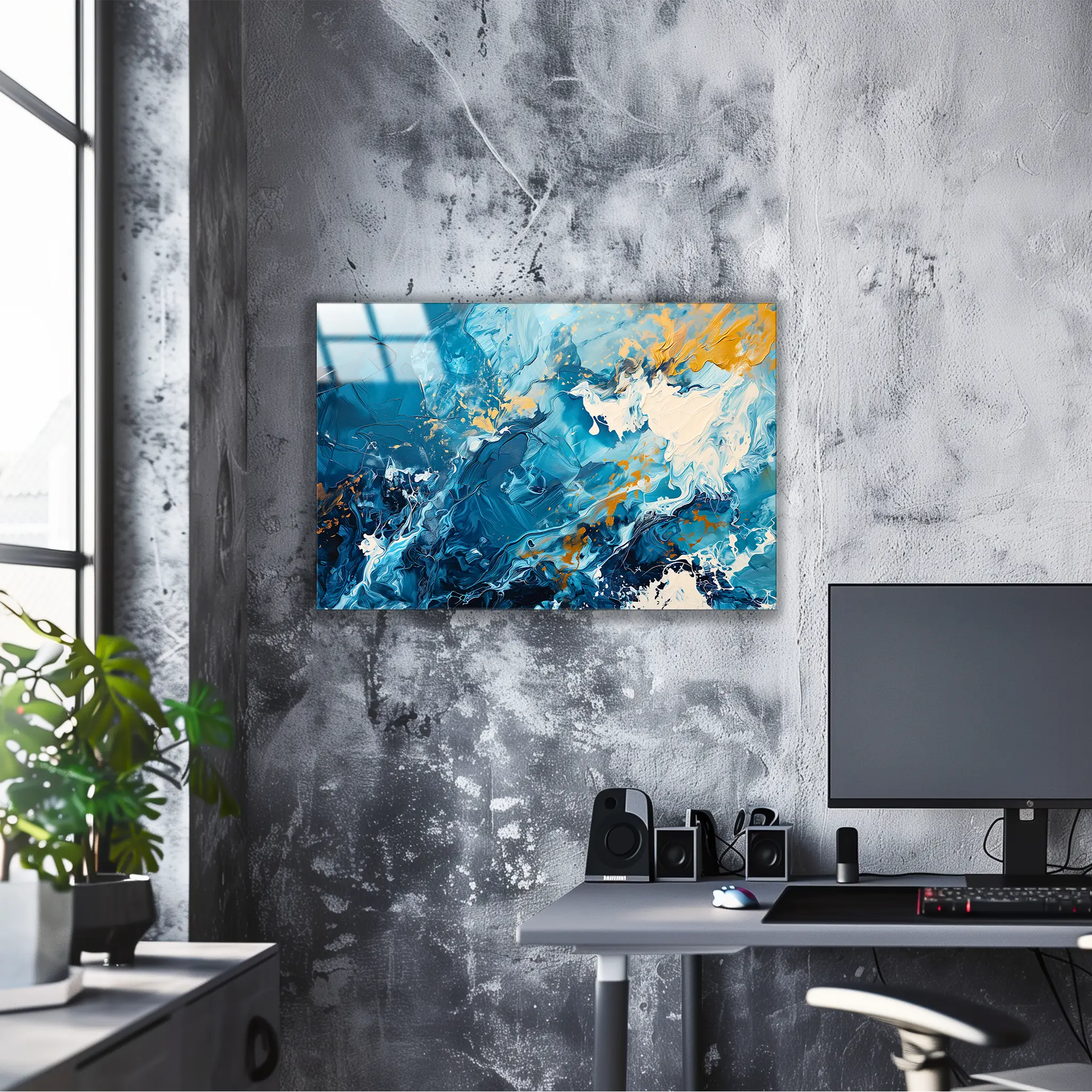 tableau-abstrait-bleu-et-blanc-dans-le-bureau | DreamWay