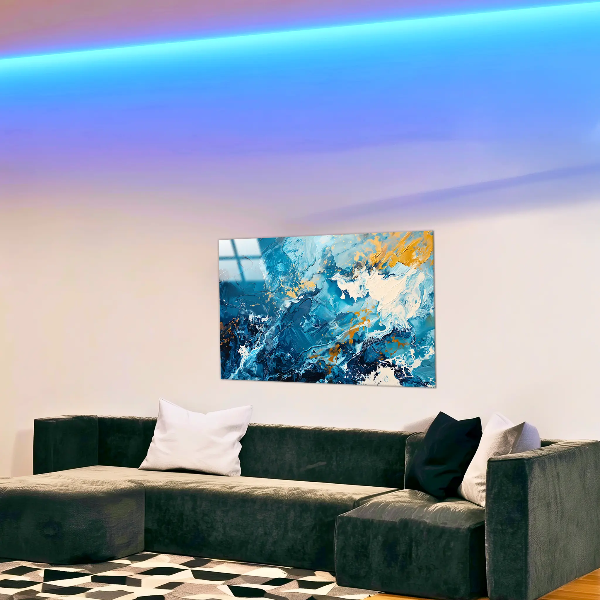 tableau-abstrait-bleu-et-blanc-dans-le-salon | DreamWay
