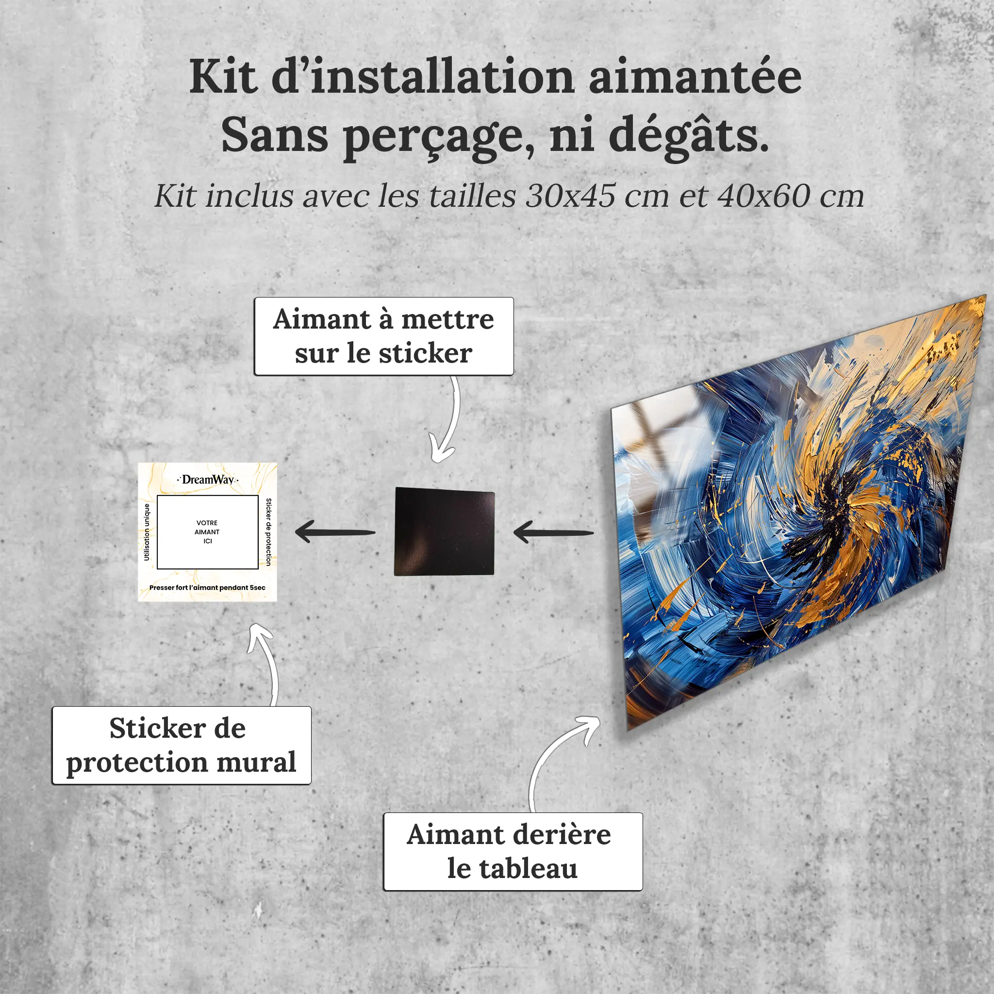 tableau-abstrait-bleu-et-or-avec-installation-aimantee | DreamWay