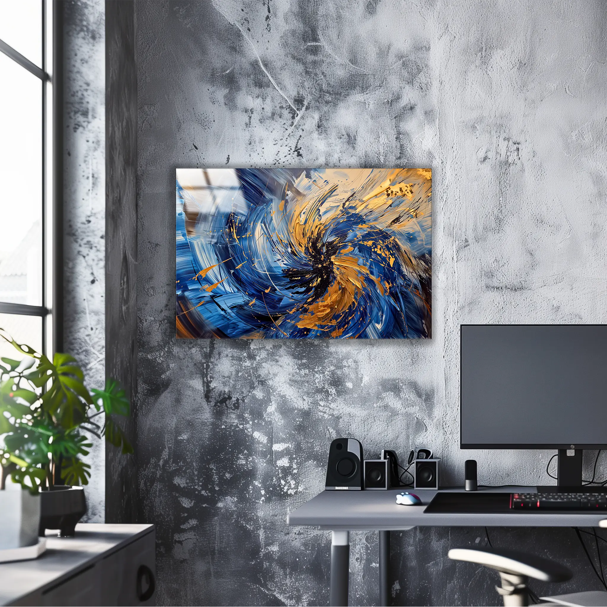 tableau-abstrait-bleu-et-or-dans-le-bureau | DreamWay
