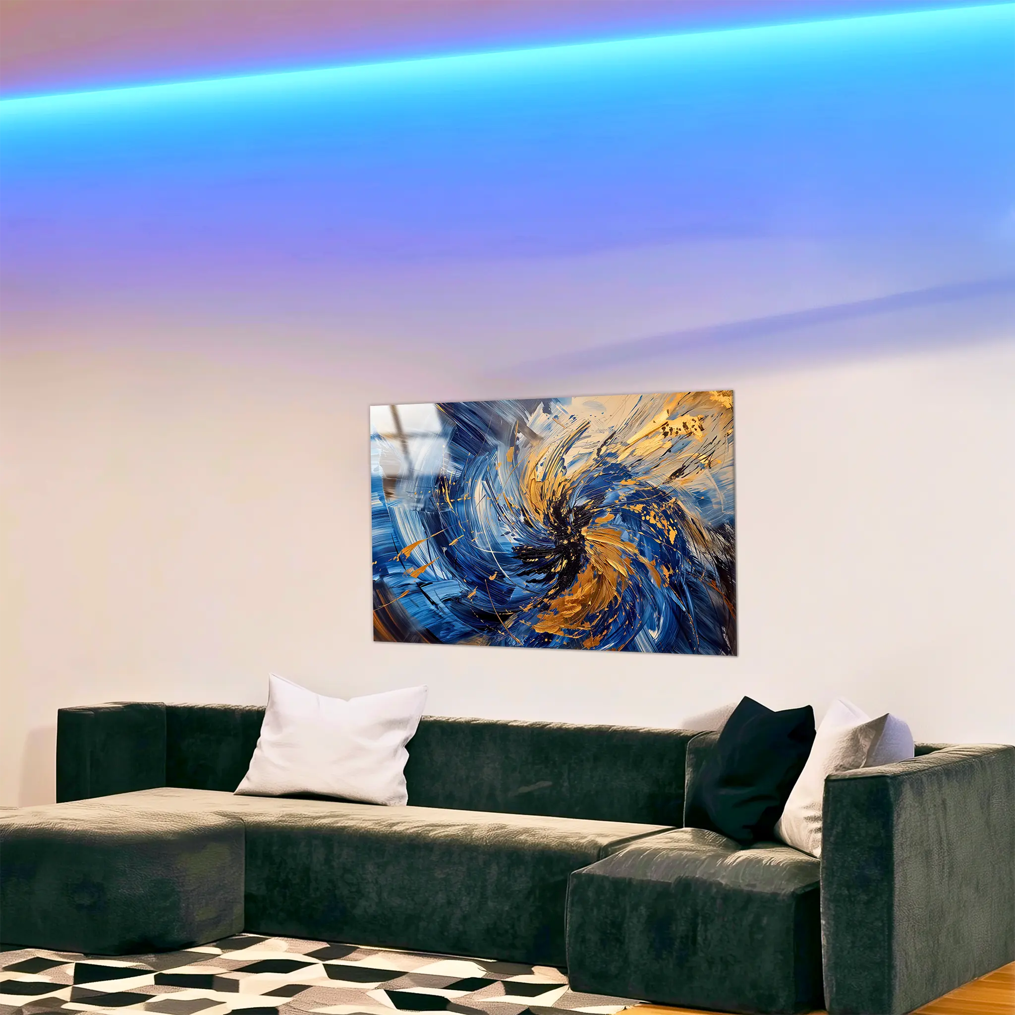 tableau-abstrait-bleu-et-or-dans-le-salon | DreamWay