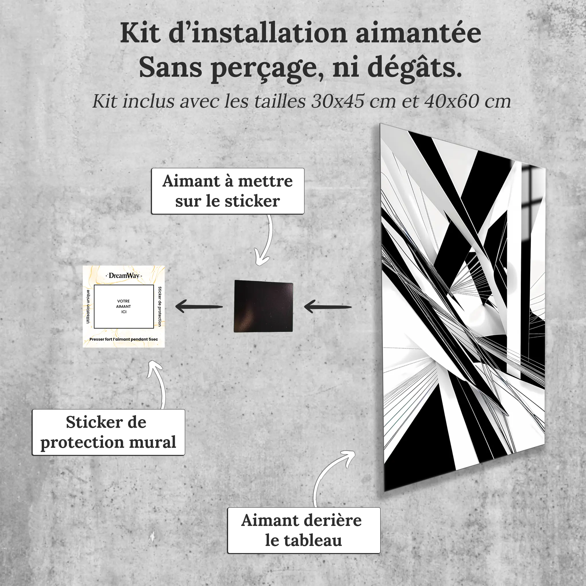 tableau-abstrait-noir-et-blanc-avec-installation-aimantee | DreamWay