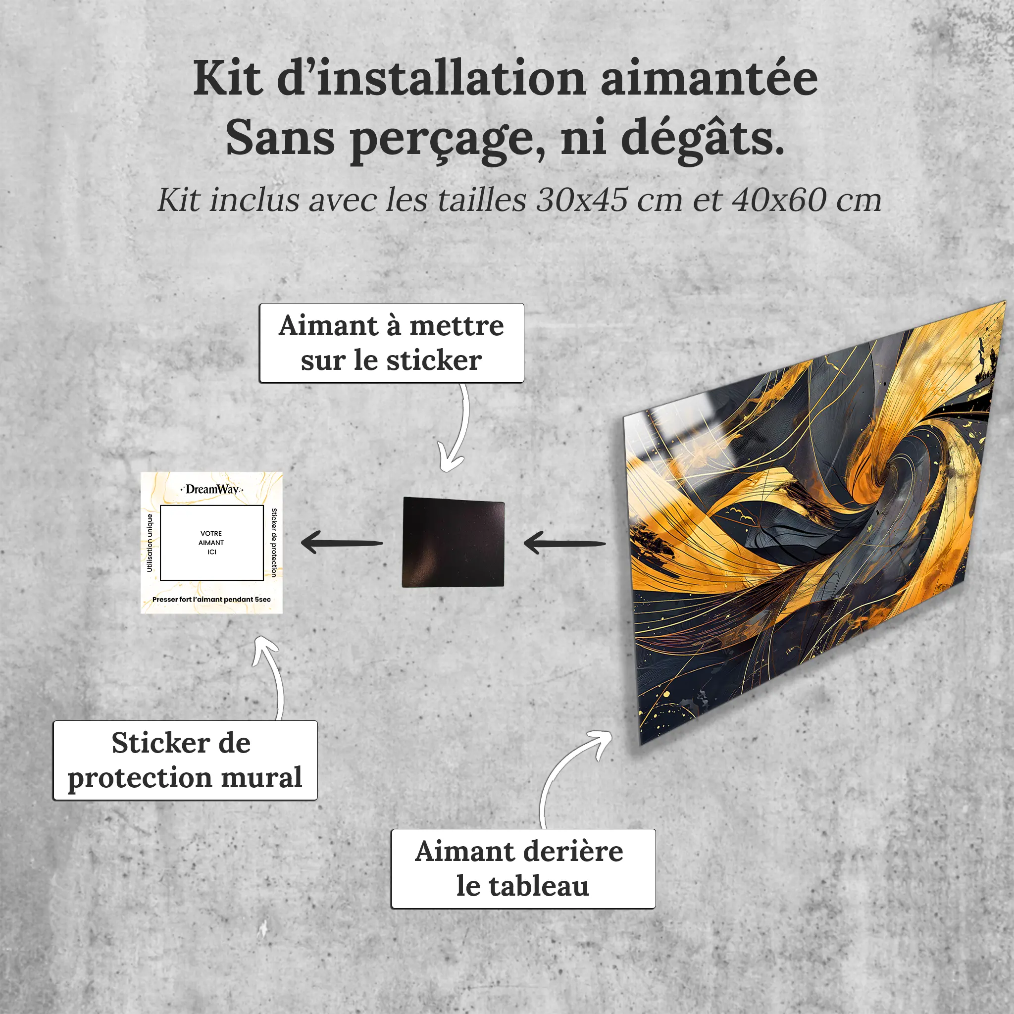 tableau-abstrait-noir-et-dore-avec-installation-aimantee | DreamWay