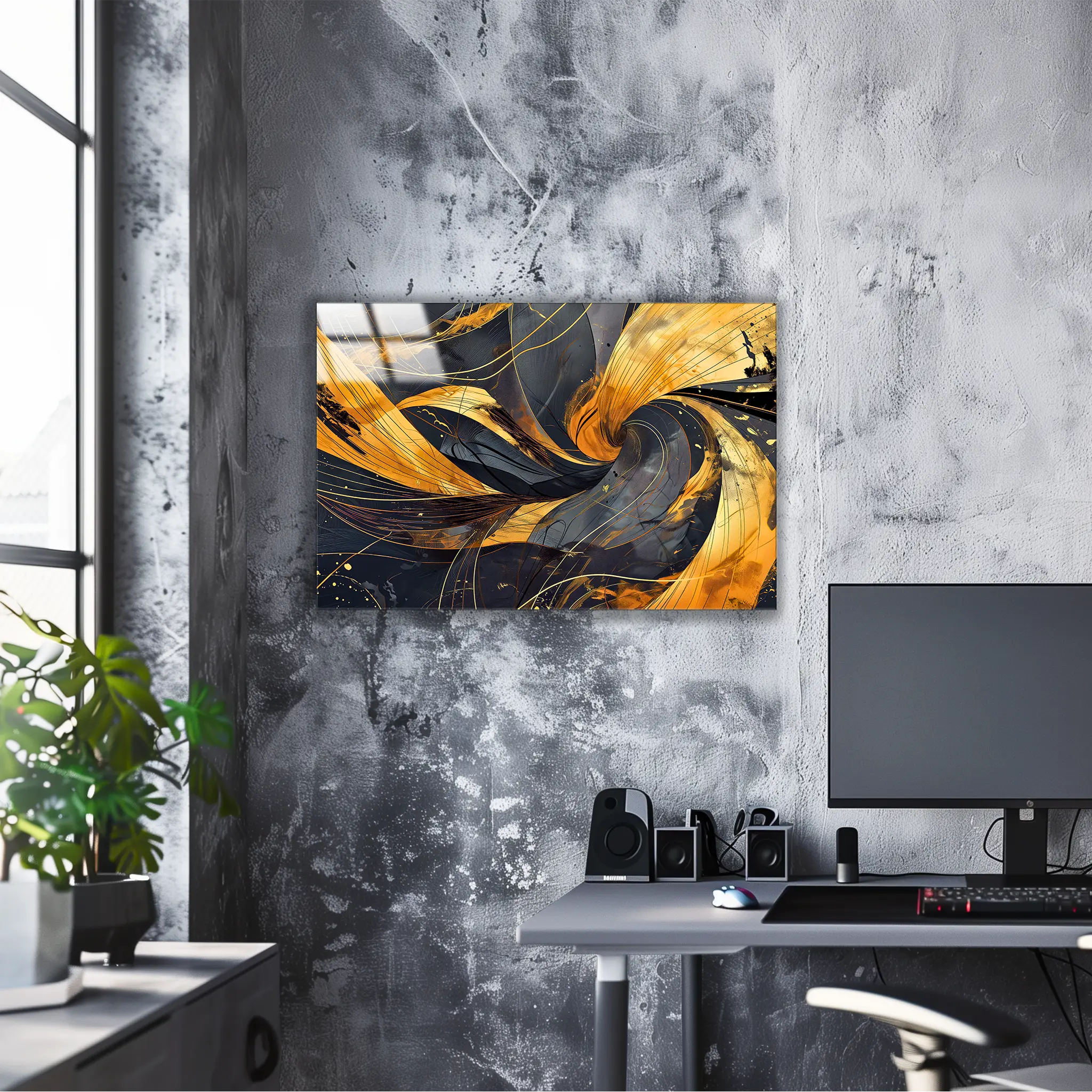 tableau-abstrait-noir-et-dore-dans-le-bureau | DreamWay