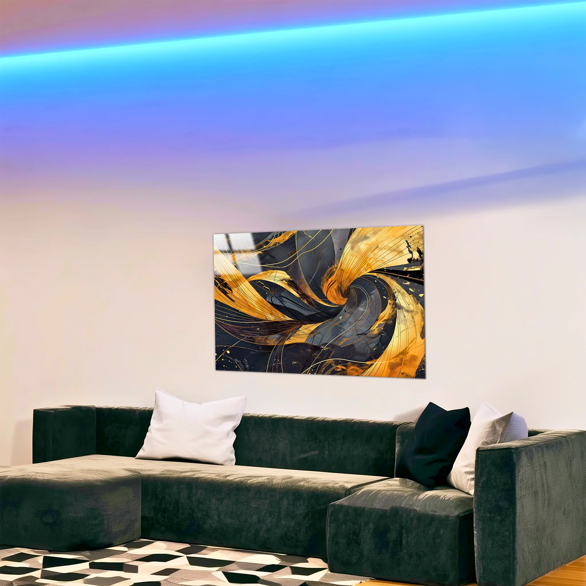 tableau-abstrait-noir-et-dore-dans-le-salon | DreamWay