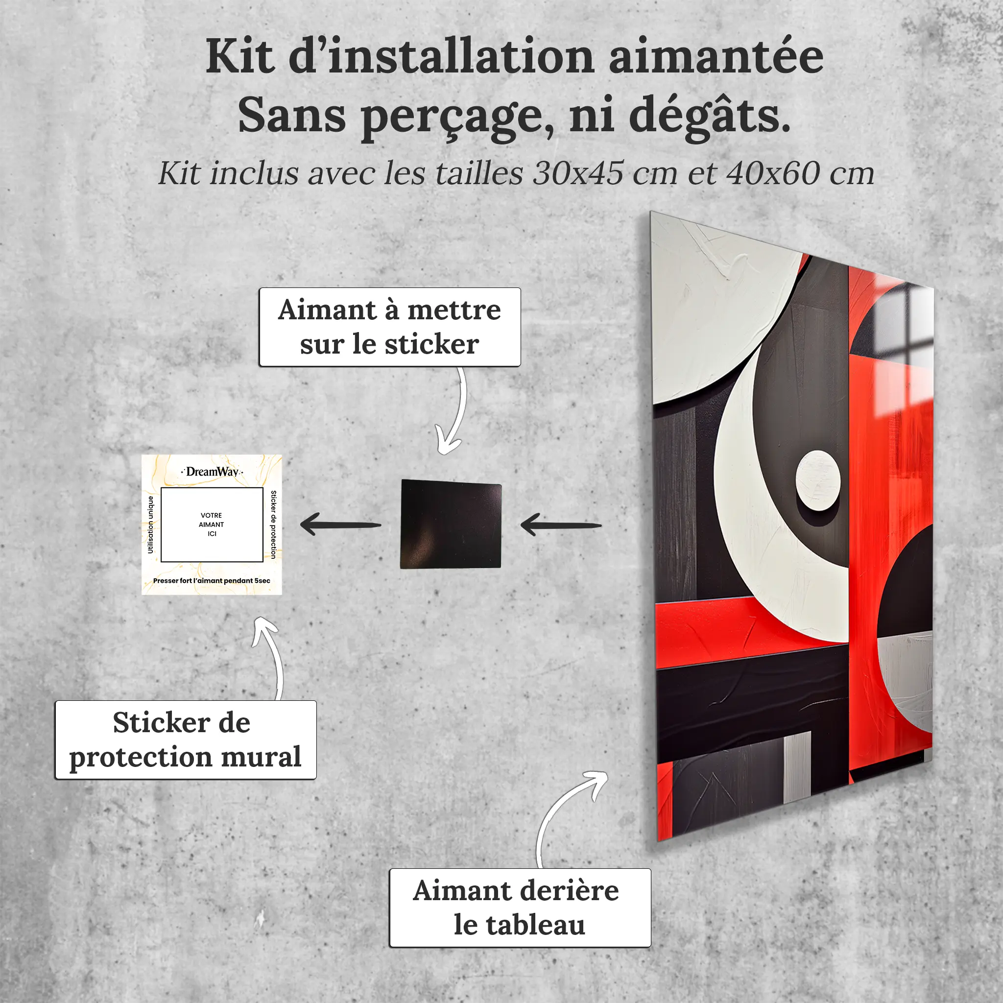 tableau-abstrait-rouge-noir-gris-blanc-avec-installation-aimantee | DreamWay