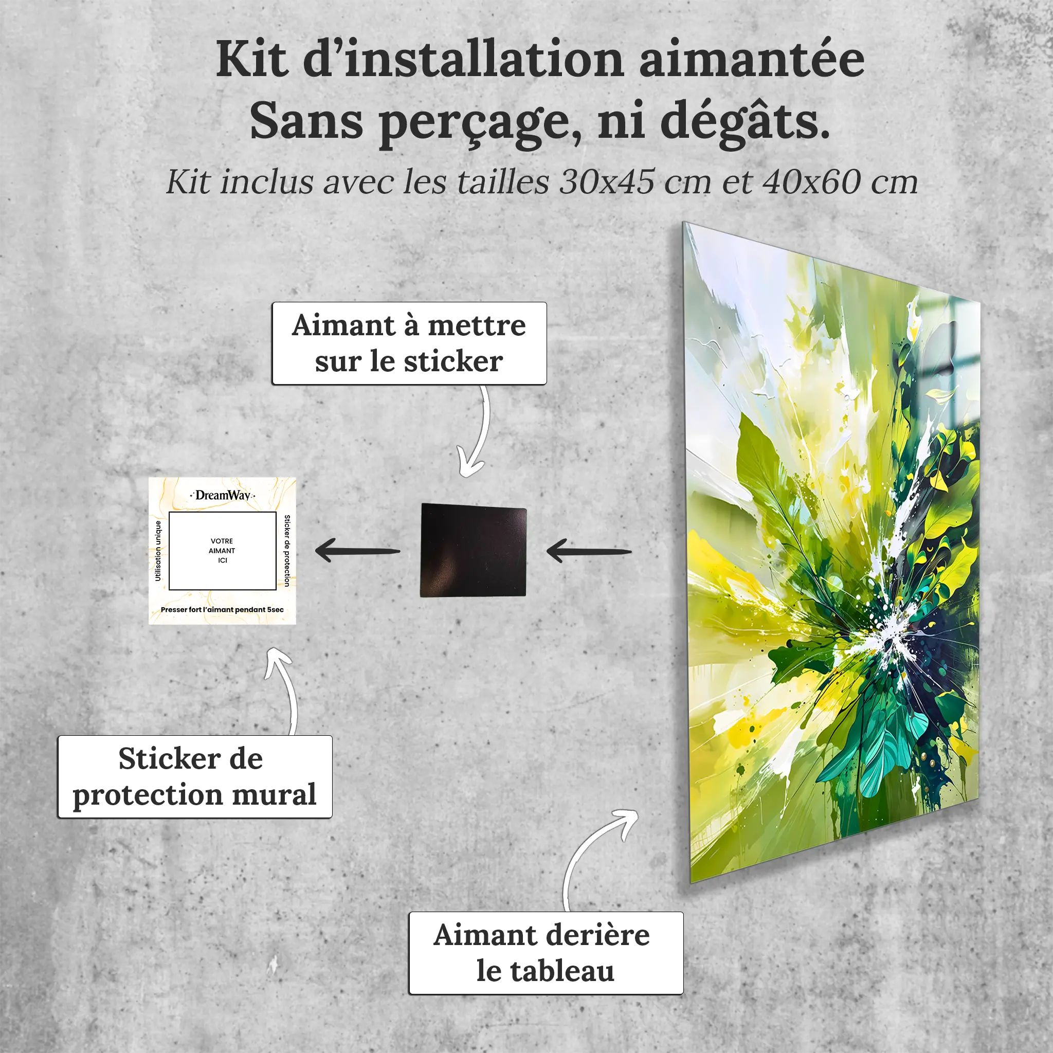 tableau-abstrait-vert-avec-installation-aimantee | DreamWay