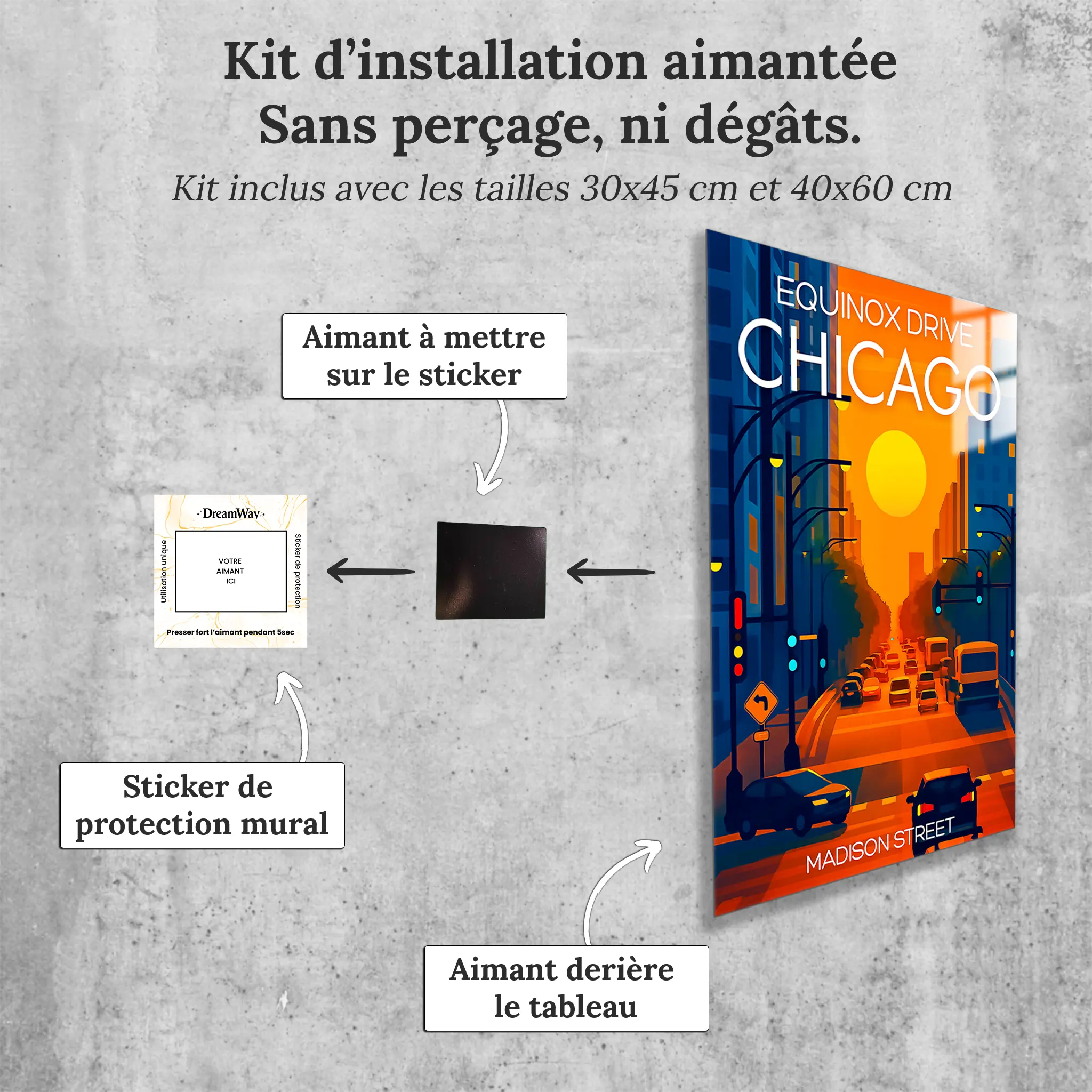 tableau-affiche-equinoxe-drive-chicago-avec-installation-aimantee | DreamWay
