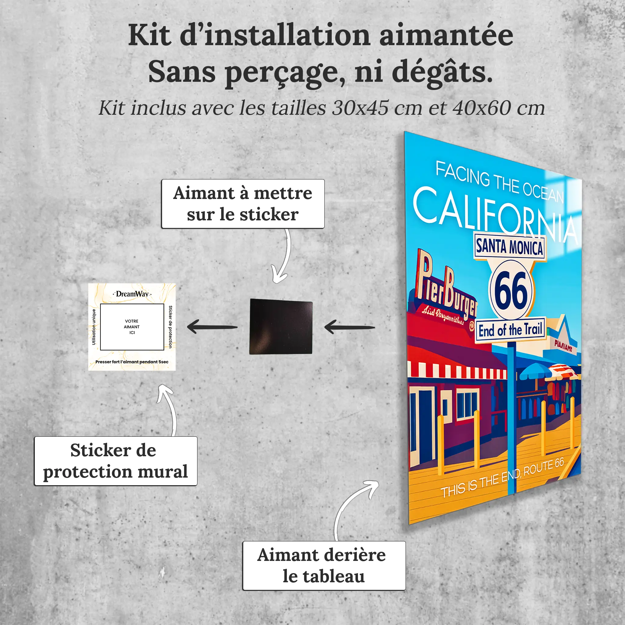 tableau-affiche-facing-the-ocean-california-avec-installation-aimantee | DreamWay