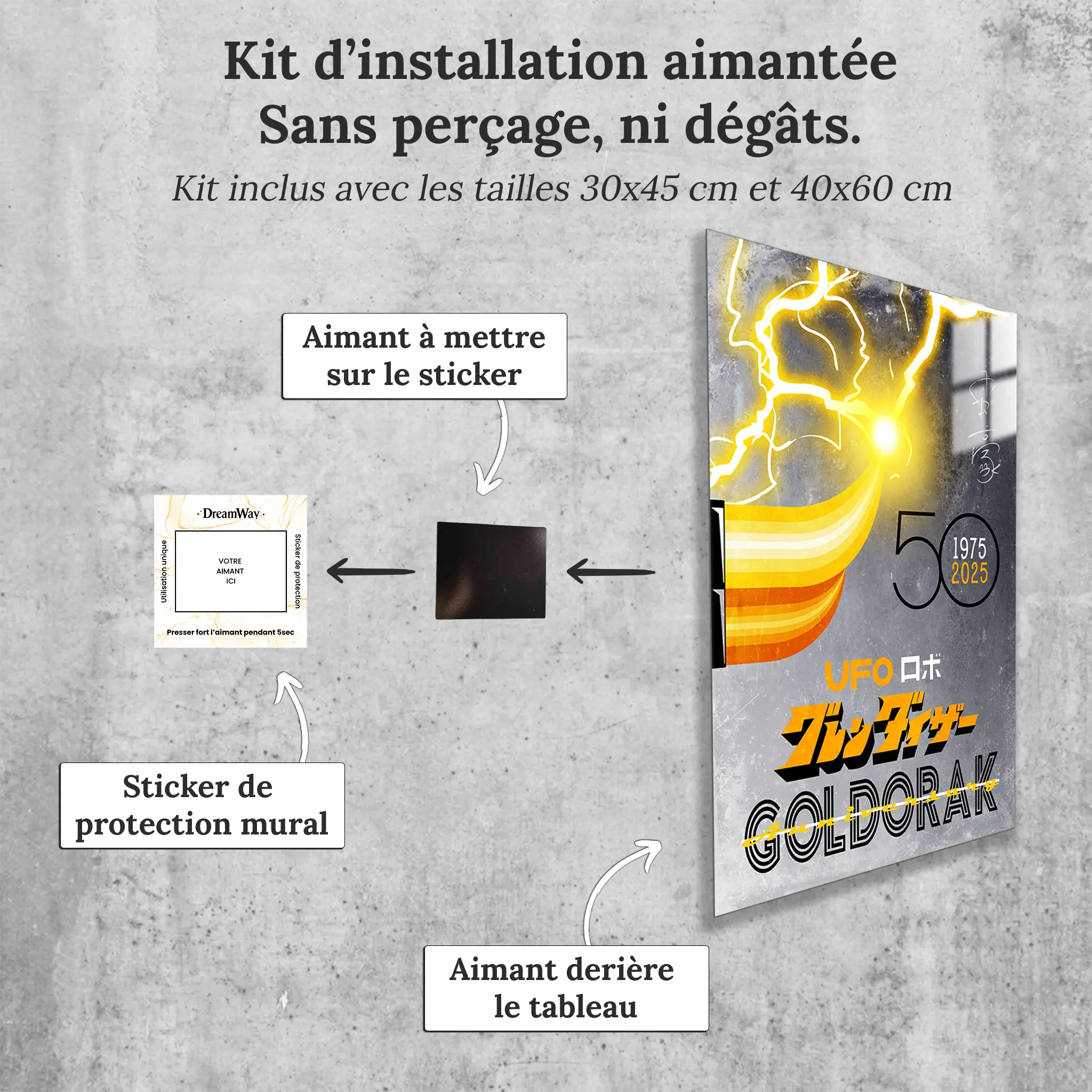tableau-affiche-goldorak-50-ans-gris-avec-installation-aimantee | DreamWay
