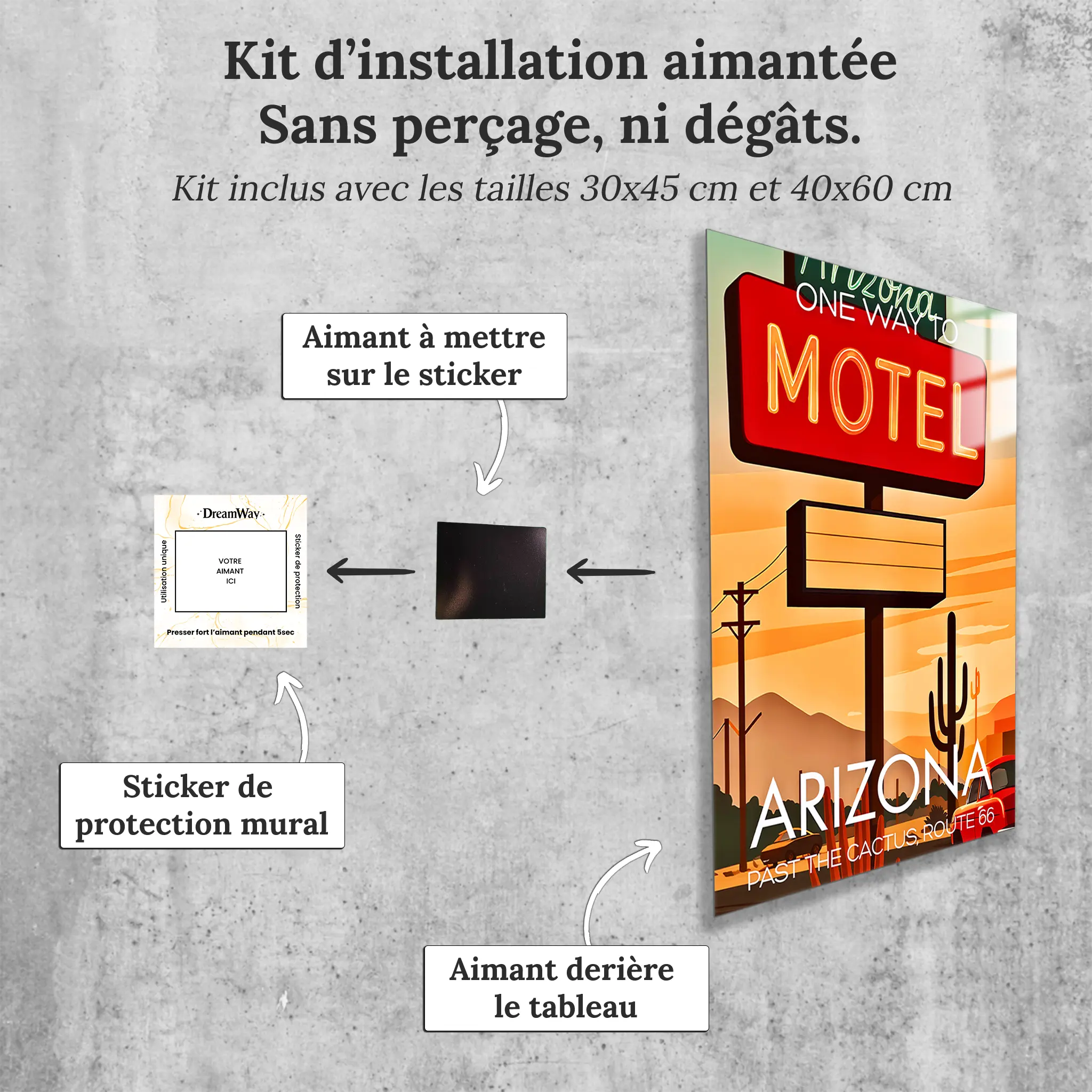 tableau-affiche-motel-route-66-arizona-avec-installation-aimantee | DreamWay