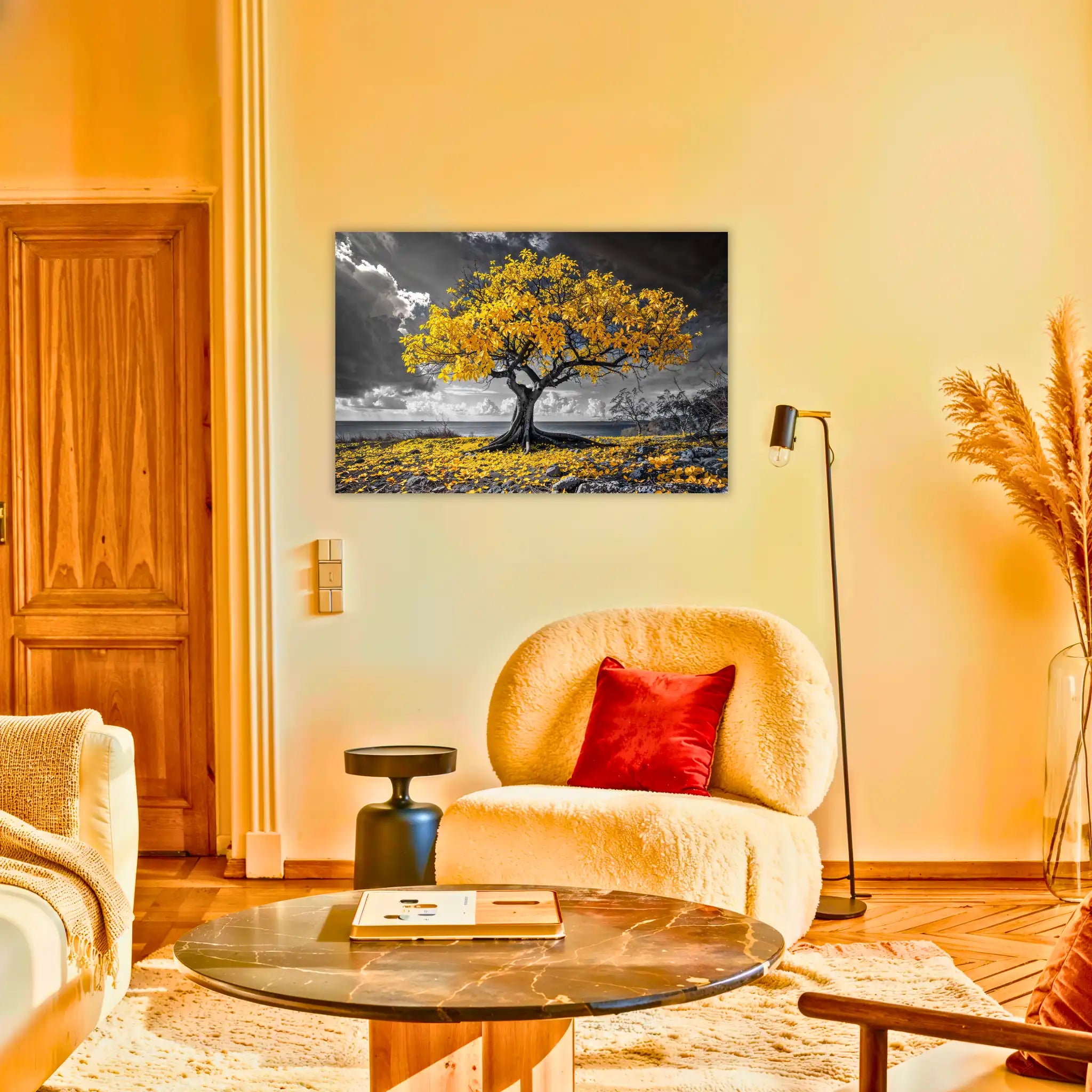 tableau-arbre-de-vie-blanc-jaune-au-salon | DreamWay