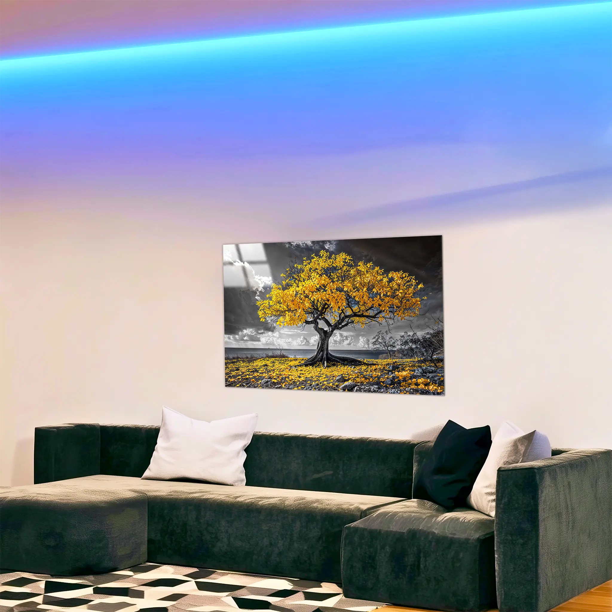 tableau-arbre-de-vie-blanc-jaune-dans-le-salon | DreamWay