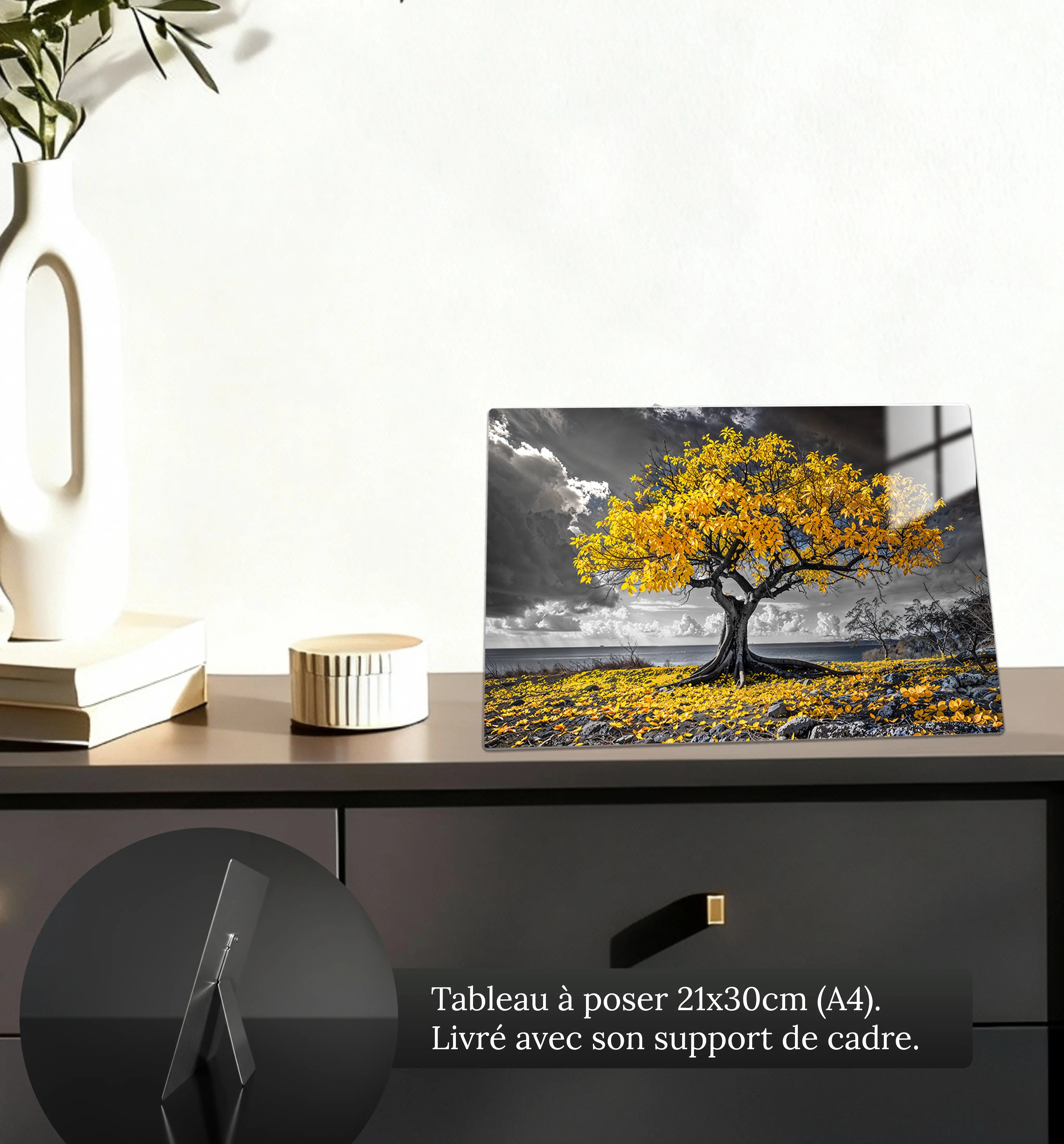 tableau-arbre-de-vie-blanc-jaune-petit-format-a-poser-sur-meuble | DreamWay