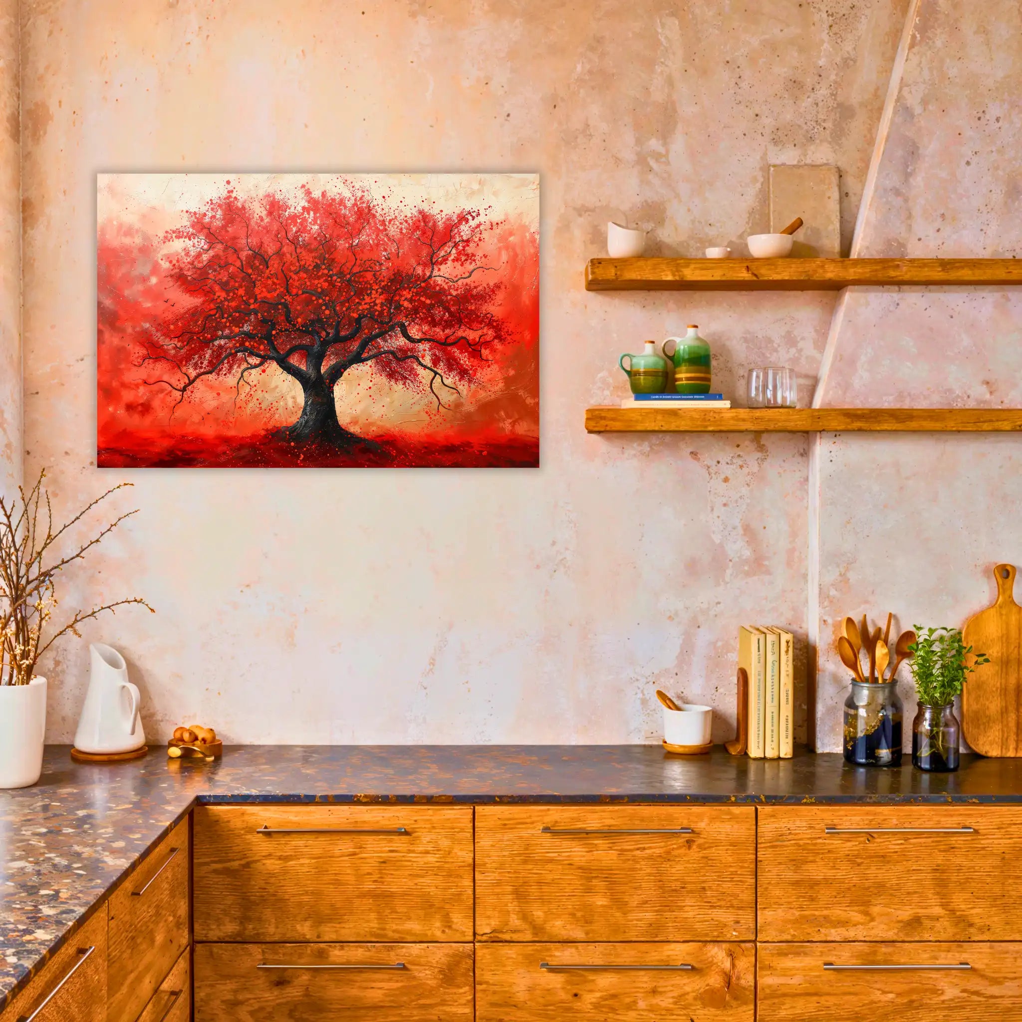 tableau-arbre-de-vie-rouge-dans-la-cuisine | DreamWay