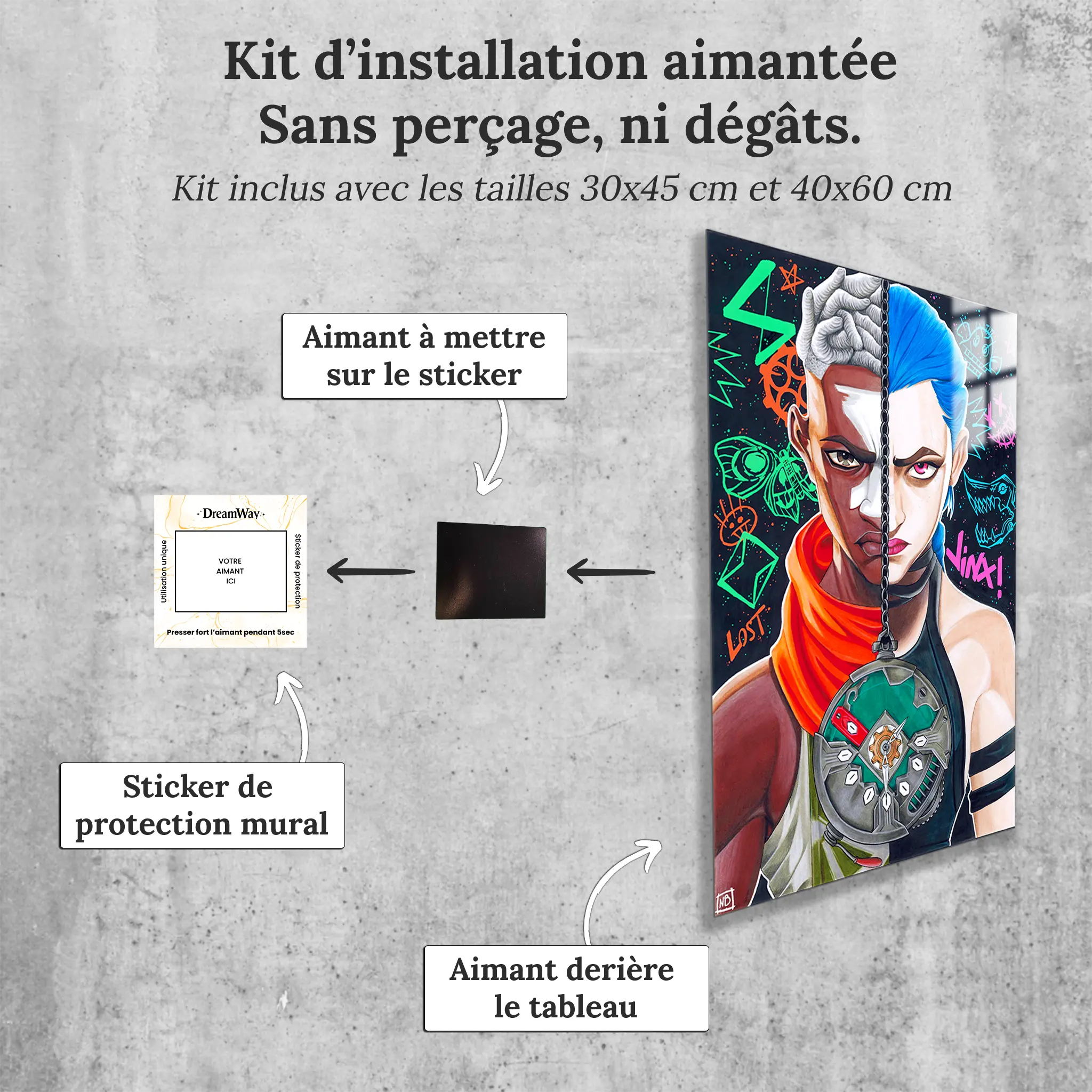 tableau-arcane-jinx-et-ekko-avec-installation-aimantee | DreamWay