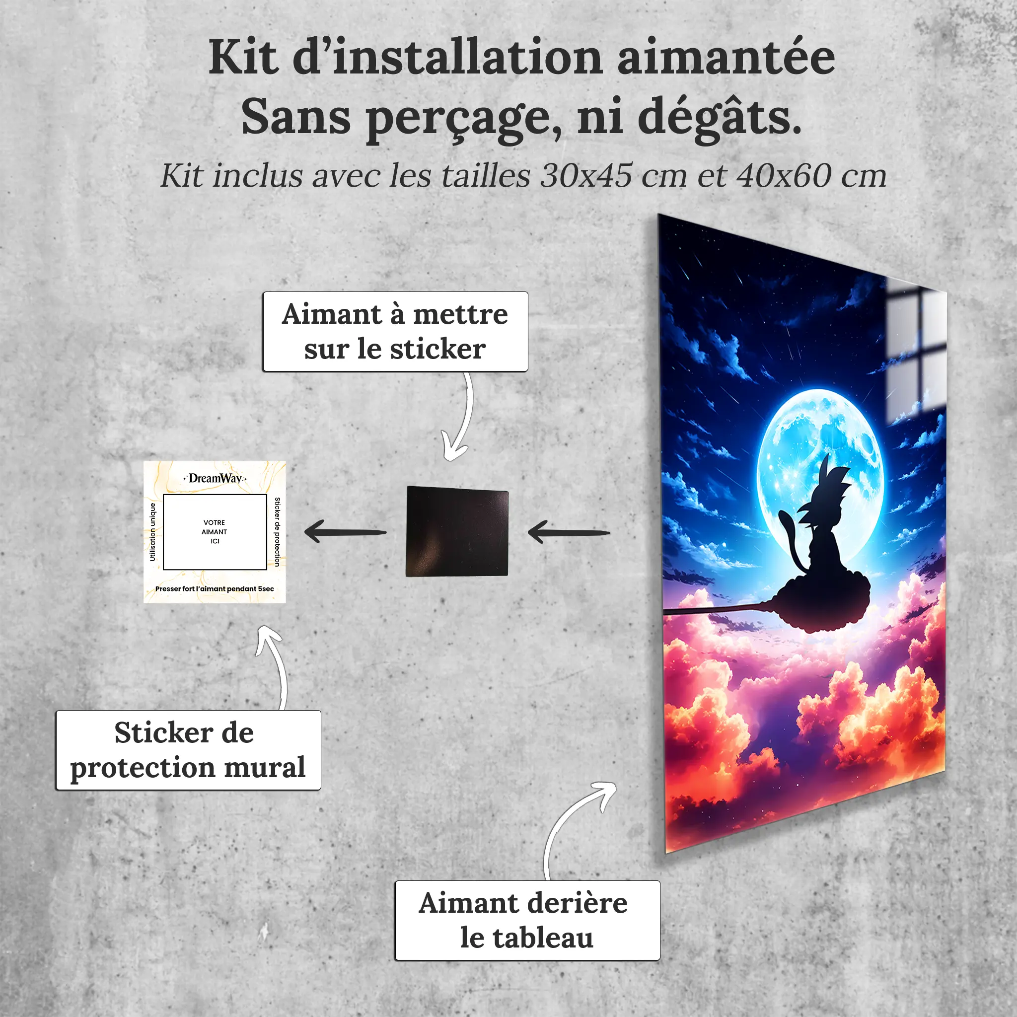 tableau-dbz-goku-volant-dans-le-ciel-avec-installation-aimantee | DreamWay