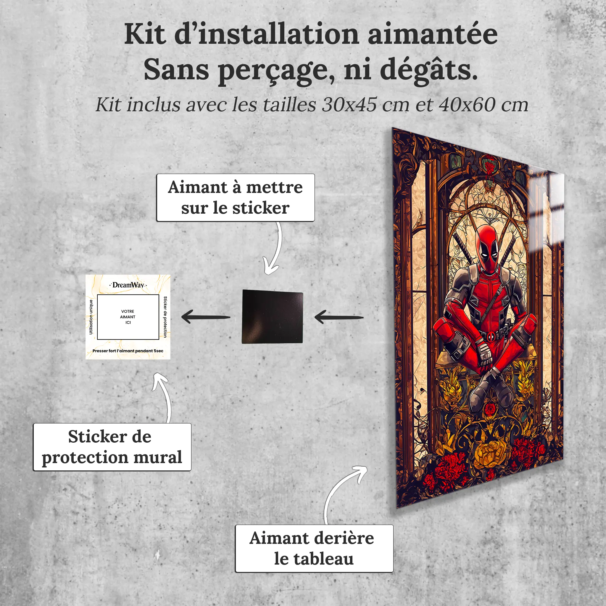 tableau-deadpool-vitrail-avec-installation-aimantee | DreamWay