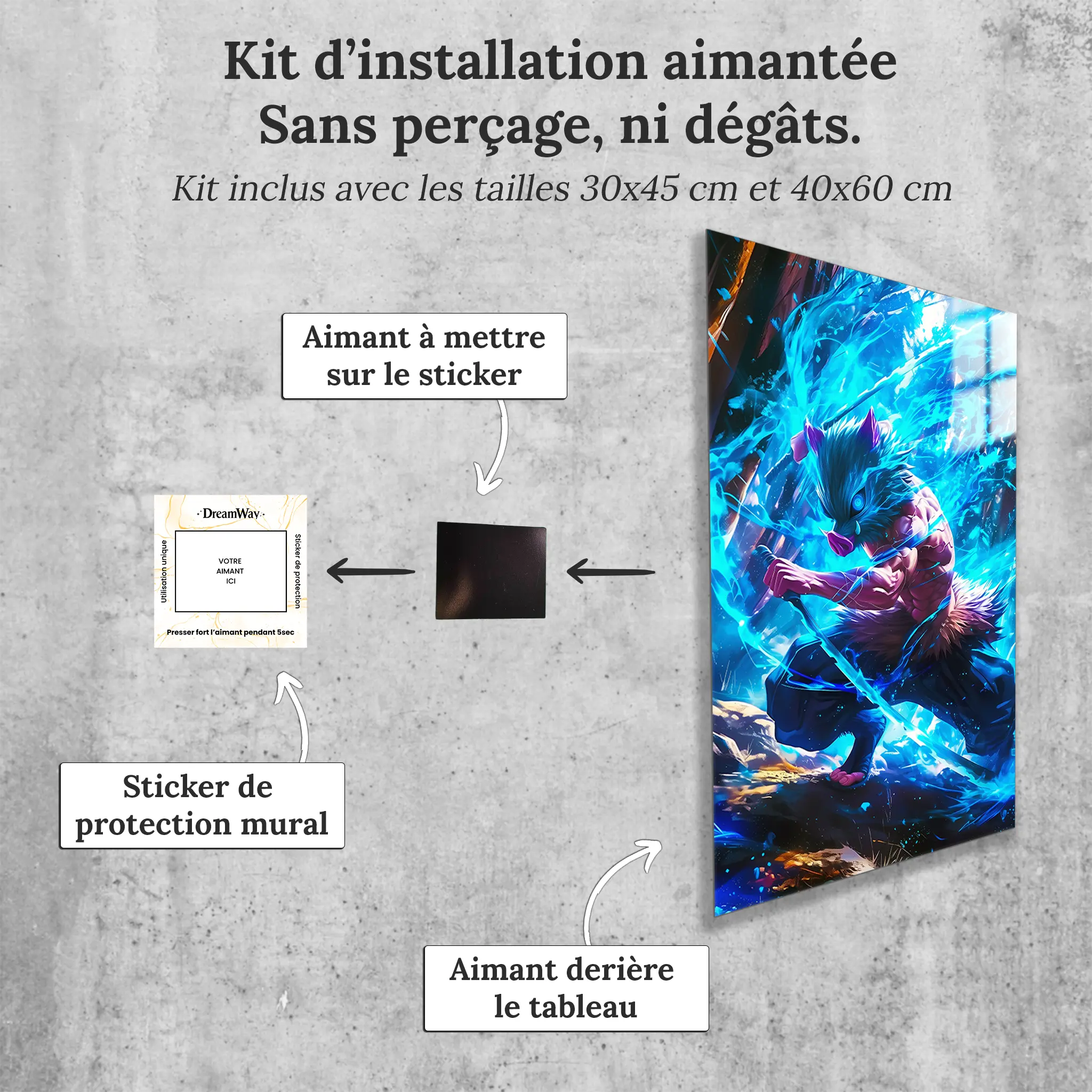 tableau-demon-slayer-Inosuke-flamme-bleu-avec-installation-aimantee | DreamWay