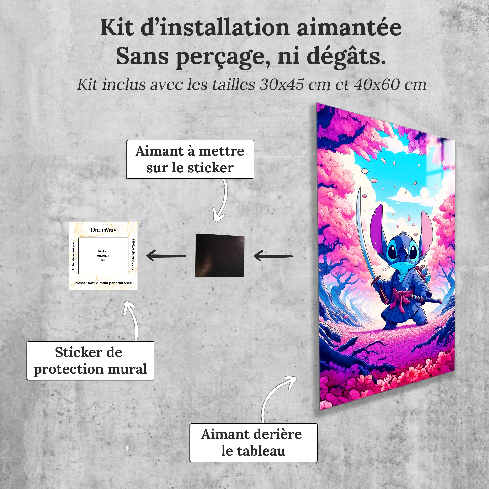 tableau-disney-stitch-japonais-sakura-katana-avec-installation-aimantee | DreamWay