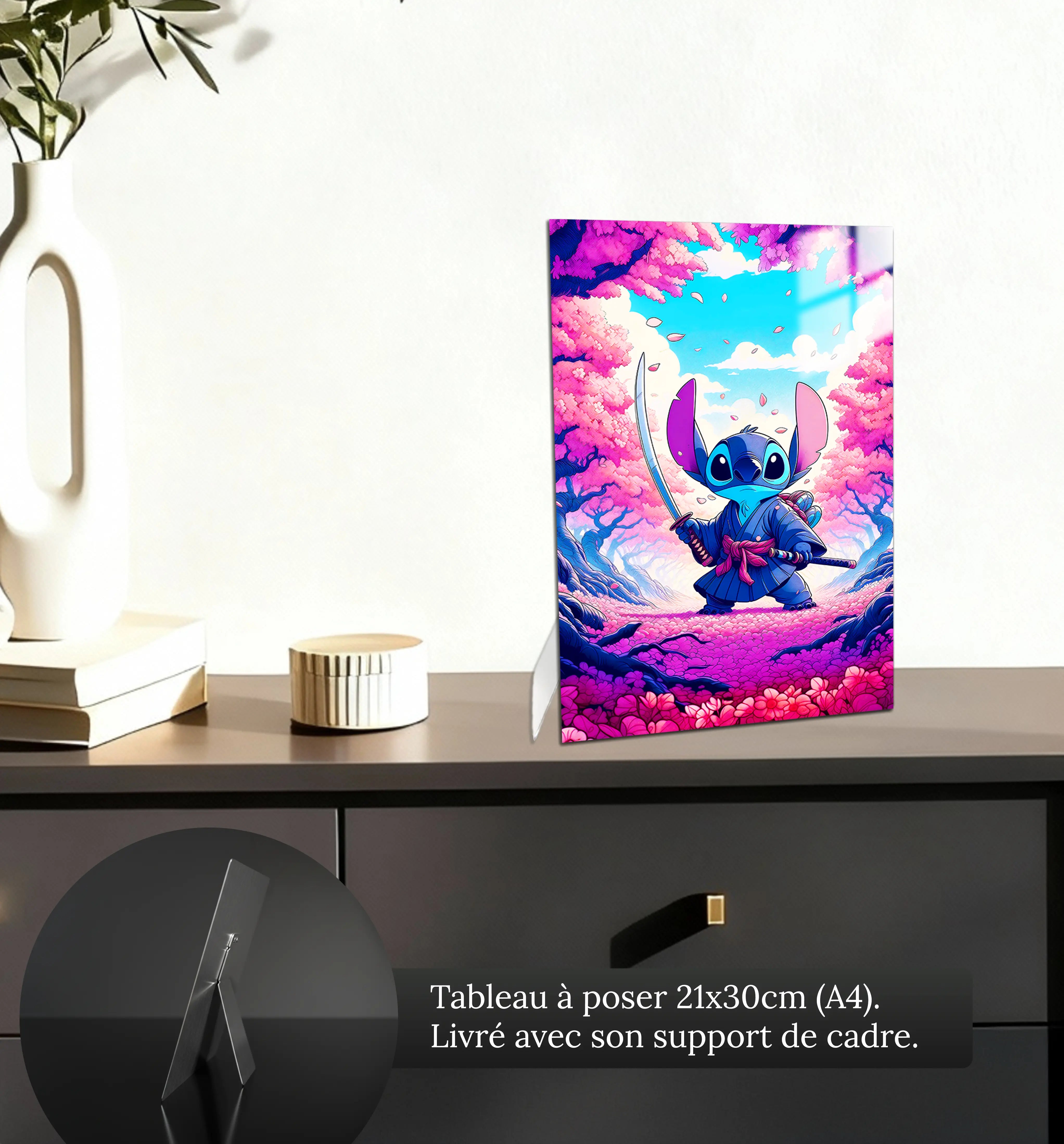 tableau-disney-stitch-japonais-sakura-katana-petit-format-a-poser-sur-meuble | DreamWay