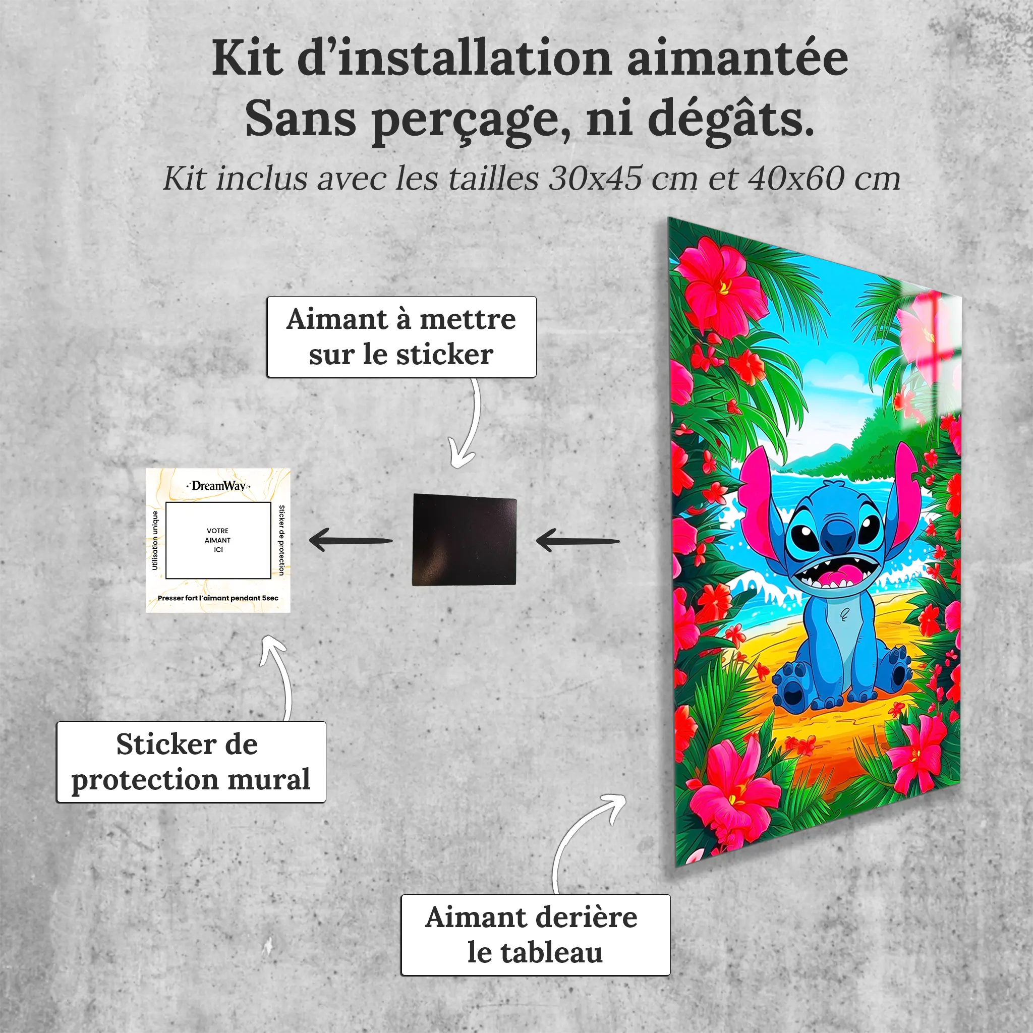 tableau-disney-stitch-plage-fleurie-avec-installation-aimantee | DreamWay