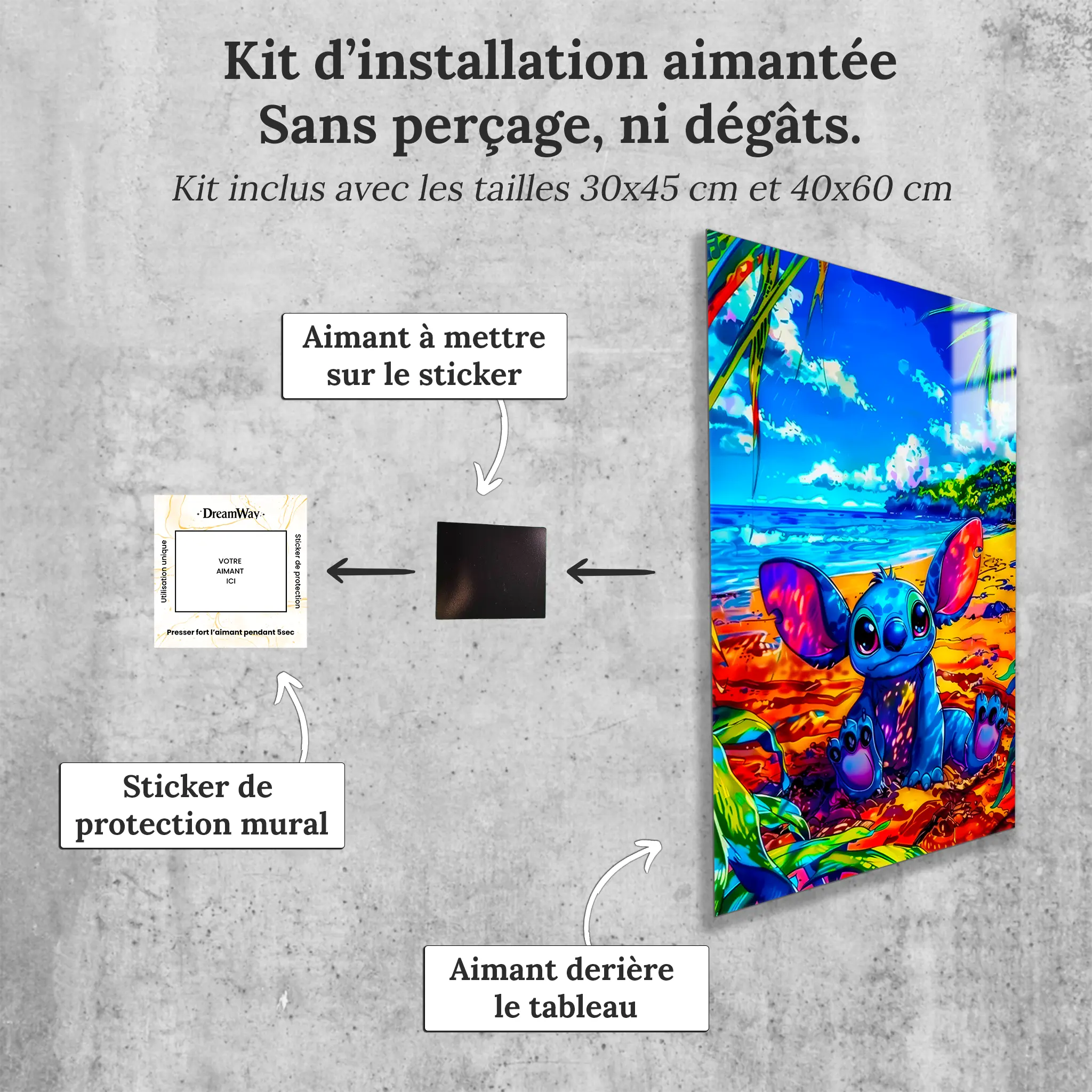 tableau-disney-stitch-sur-la-plage-avec-installation-aimantee | DreamWay