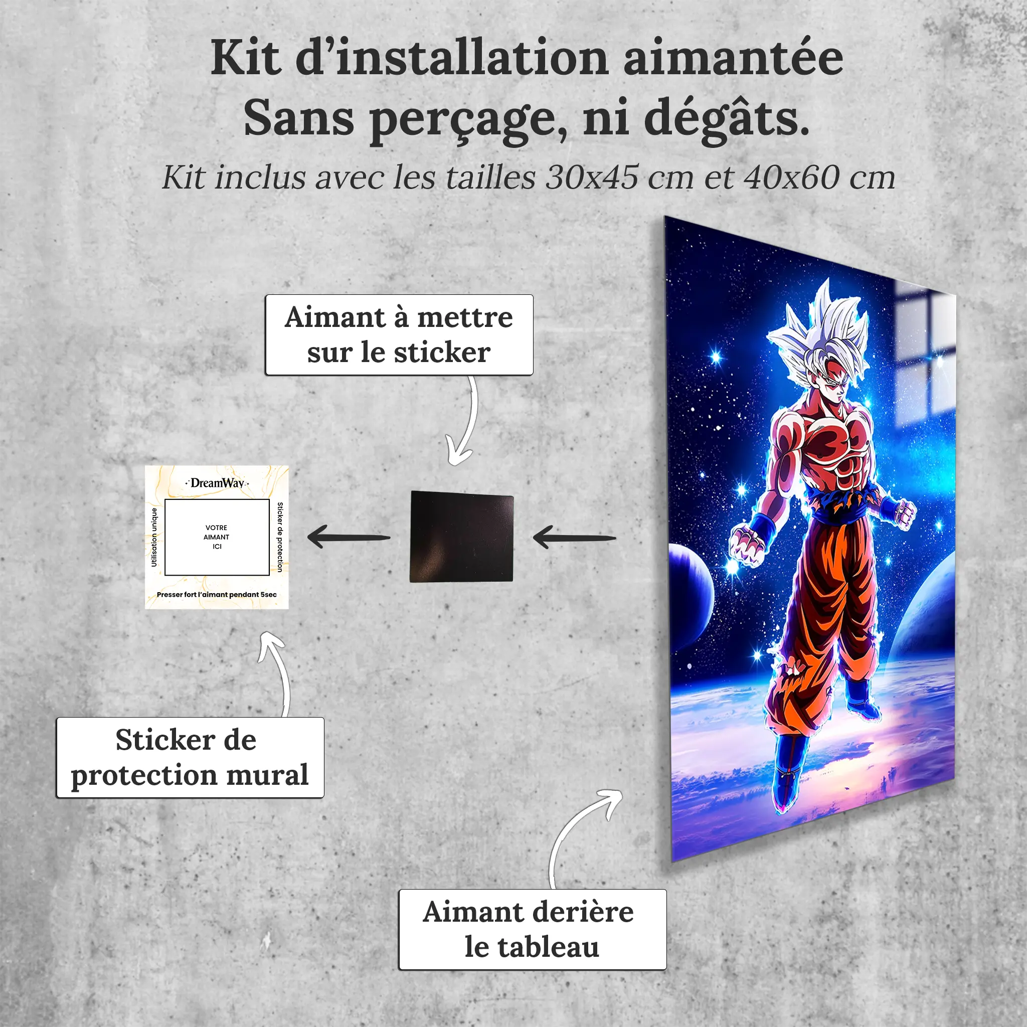 tableau-dragon-ball-goku-ultra-instinct-galaxie-avec-installation-aimantee | DreamWay