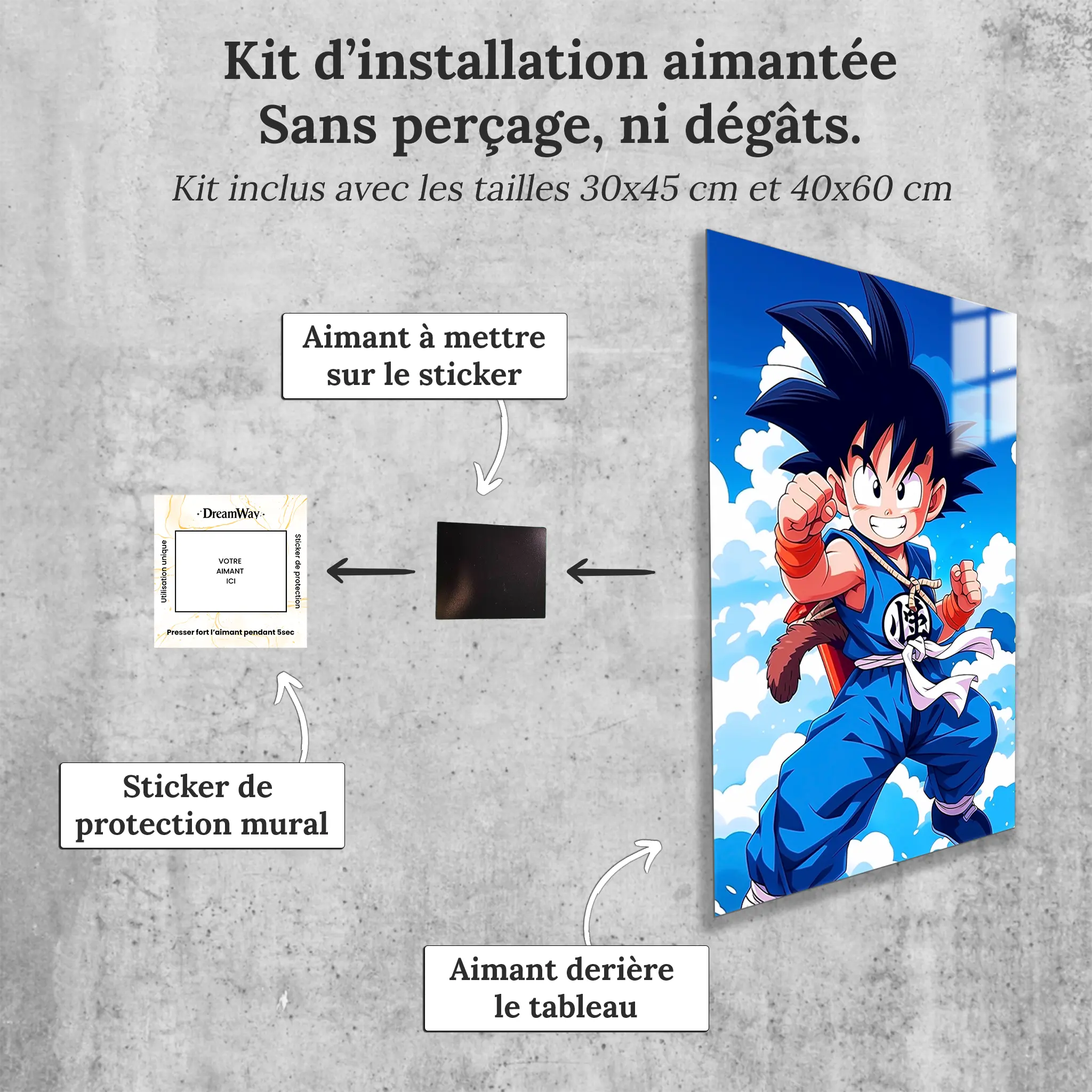 tableau-dragon-ball-z-goku-enfant-dans-les-airs-avec-installation-aimantee | DreamWay