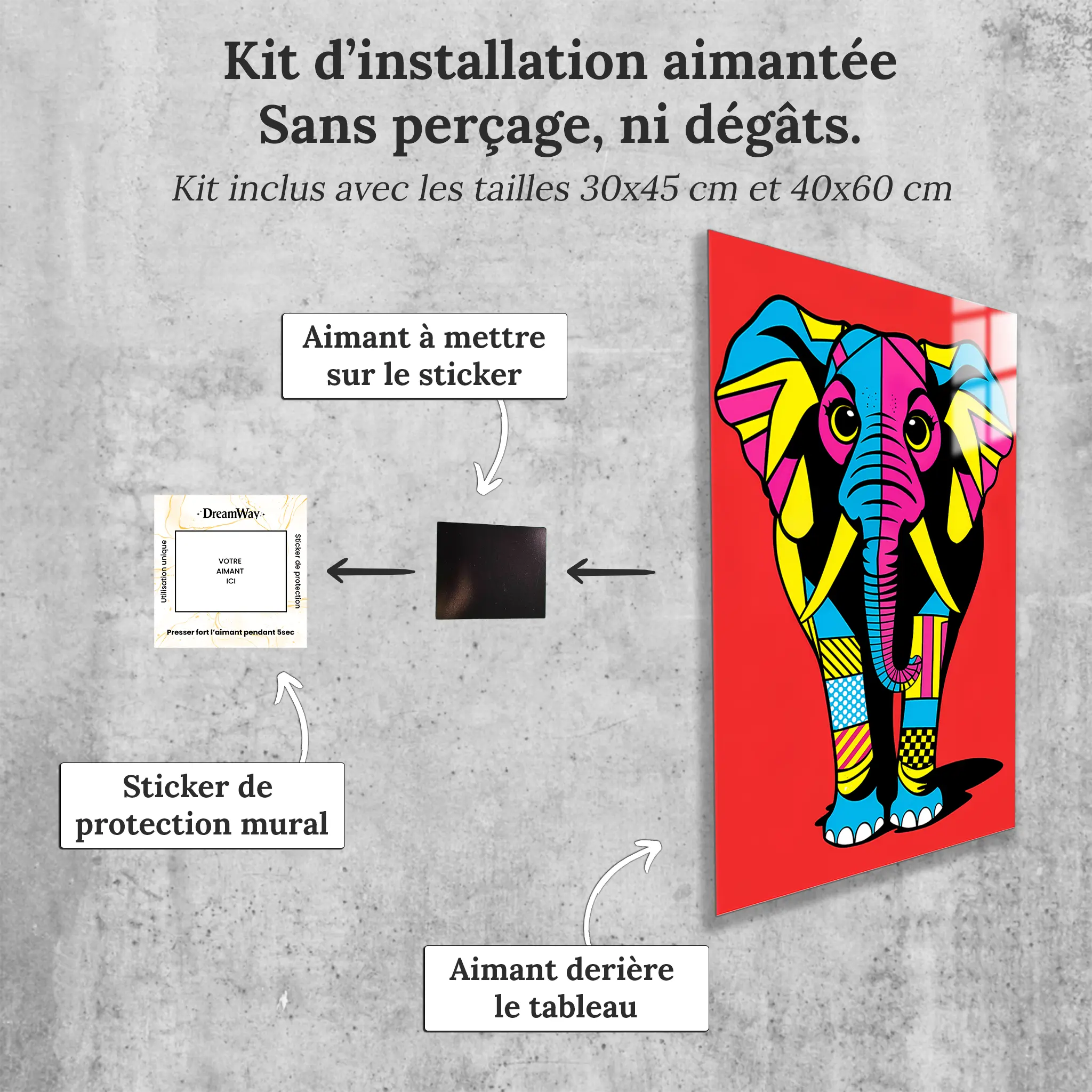 tableau-elephant-pop-art-avec-installation-aimantee | DreamWay