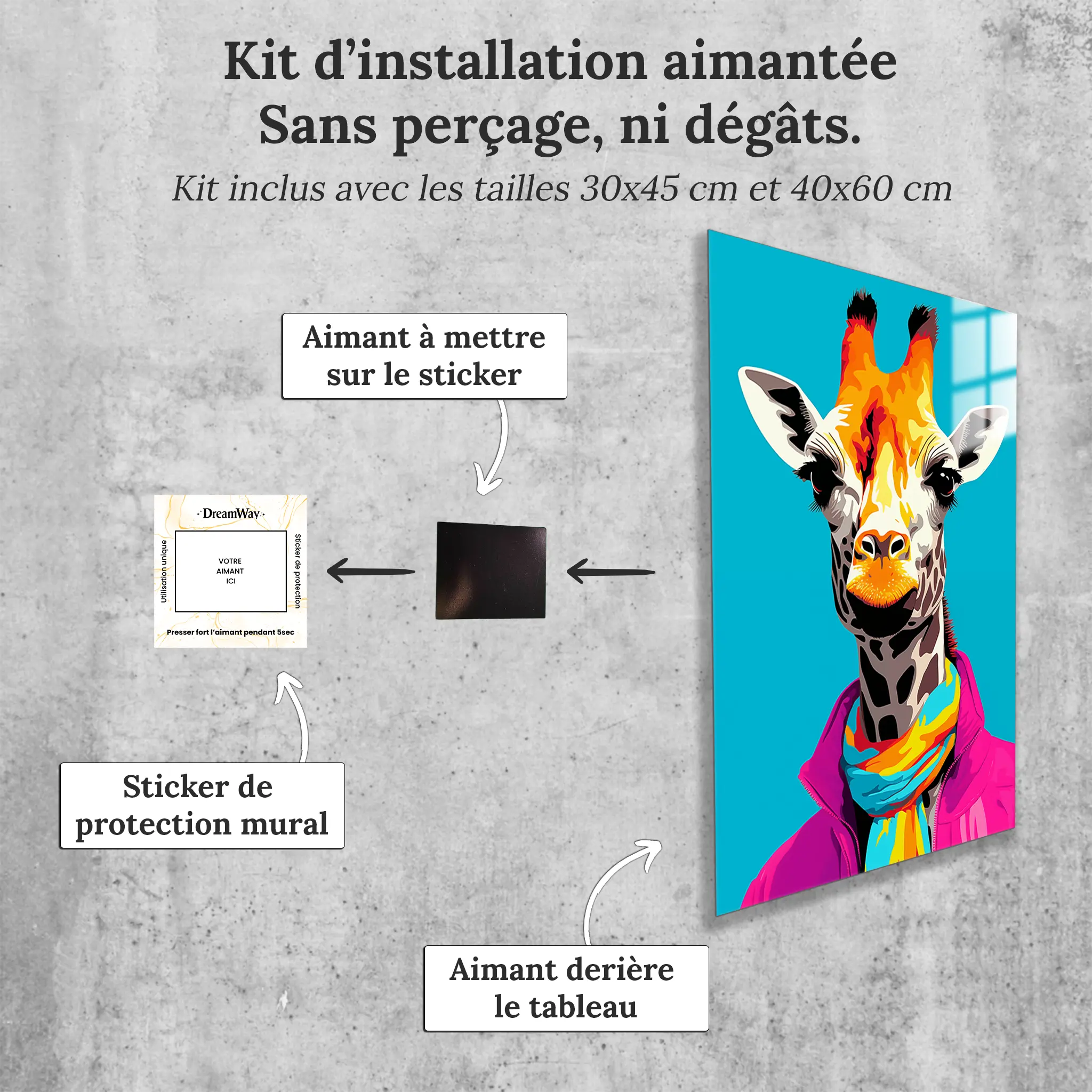 tableau-girafe-pop-art-avec-installation-aimantee | DreamWay