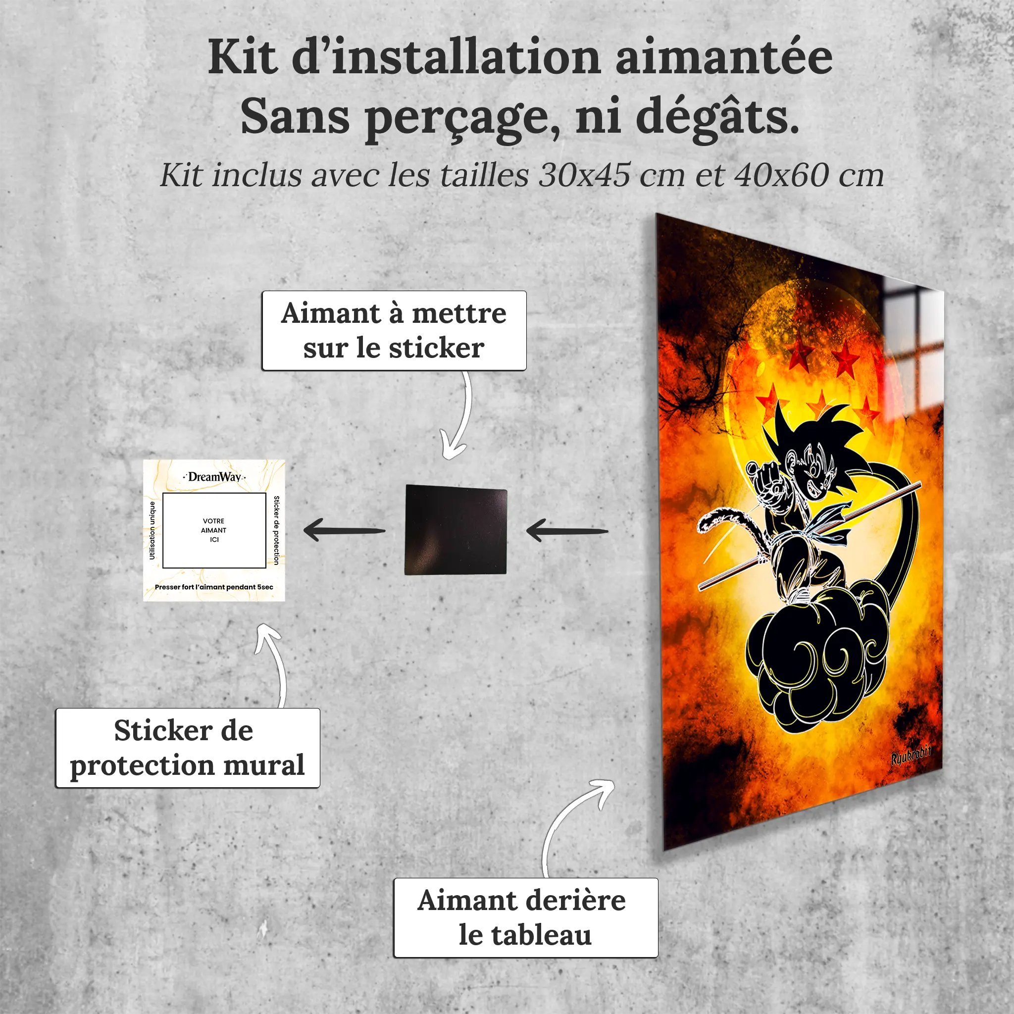 tableau-goku-enfant-nuage-colore-avec-installation-aimantee | DreamWay