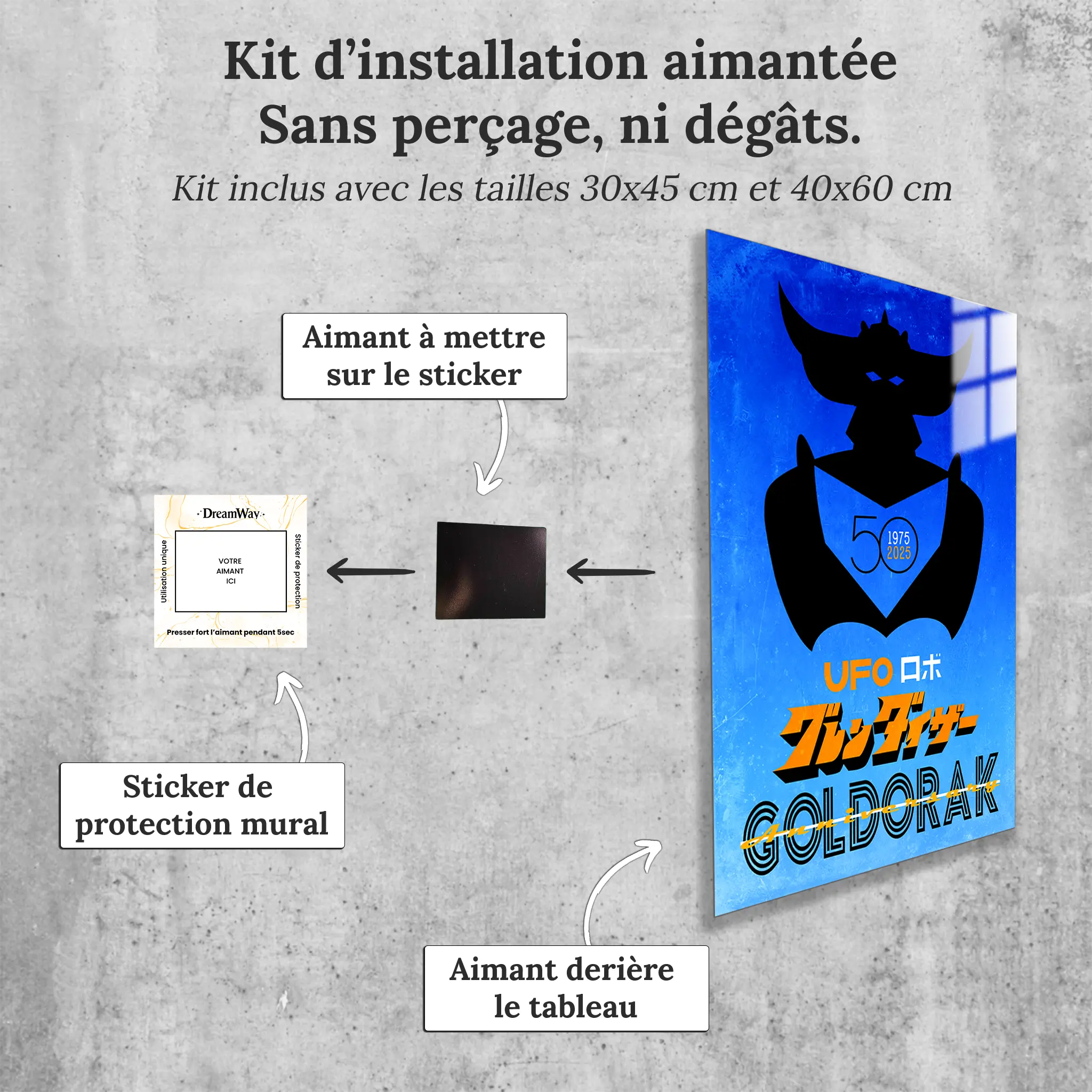 tableau-goldorak-50-ans-affiche-bleu-avec-installation-aimantee | DreamWay