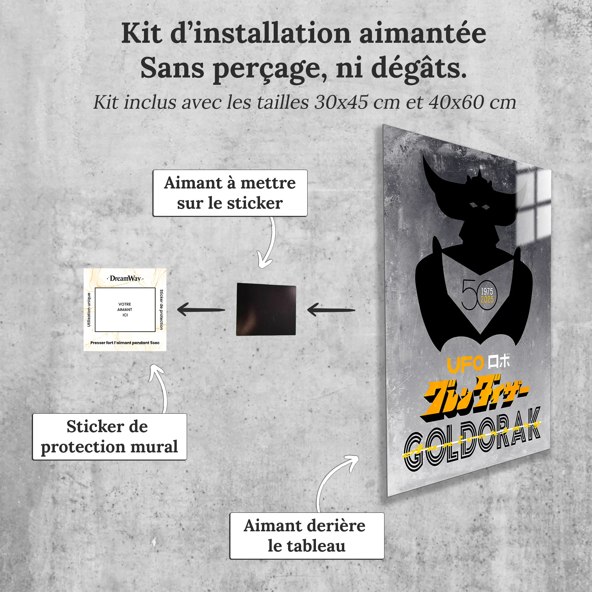 tableau-goldorak-50-ans-affiche-gris-avec-installation-aimantee | DreamWay