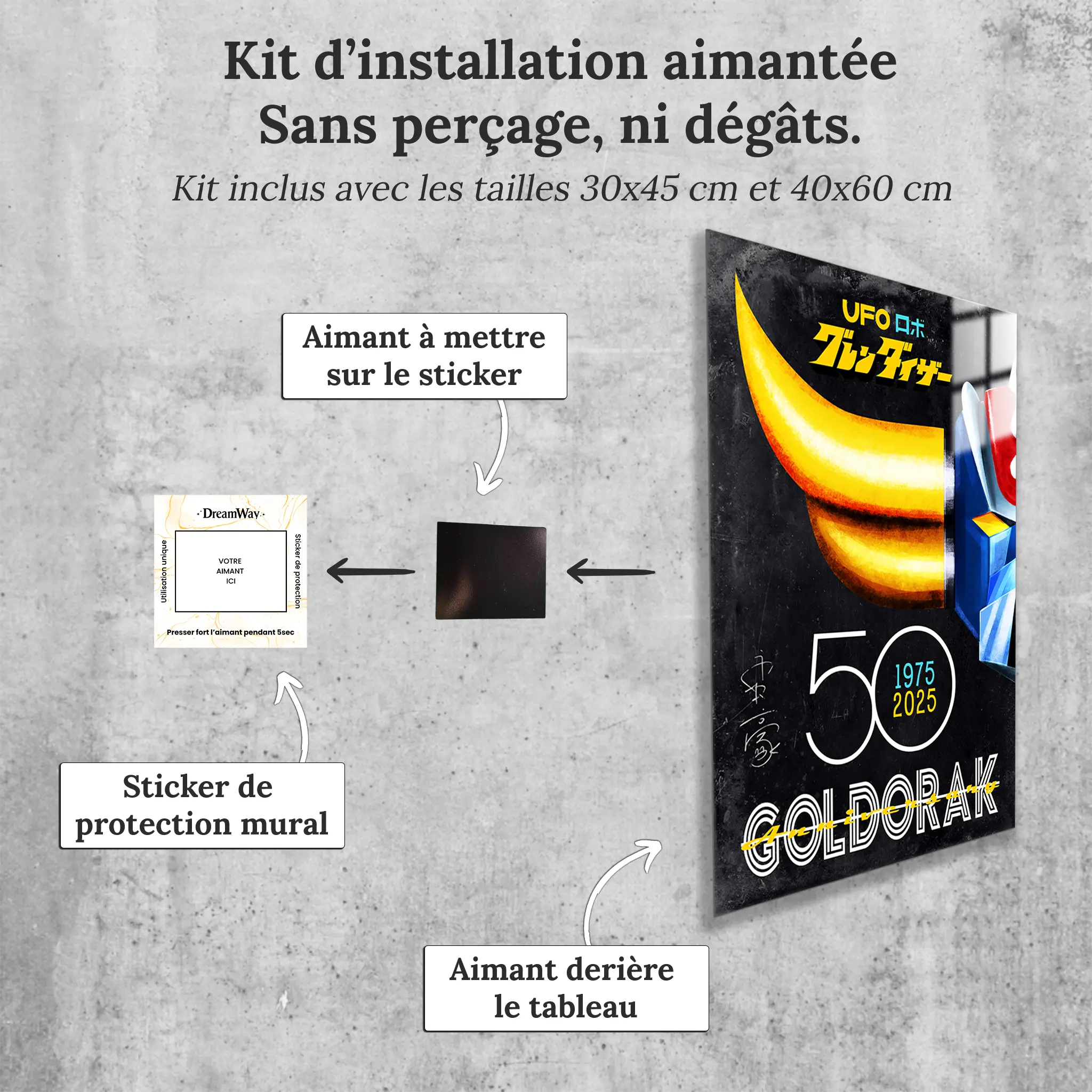 tableau-goldorak-50-ans-gris-avec-installation-aimantee | DreamWay