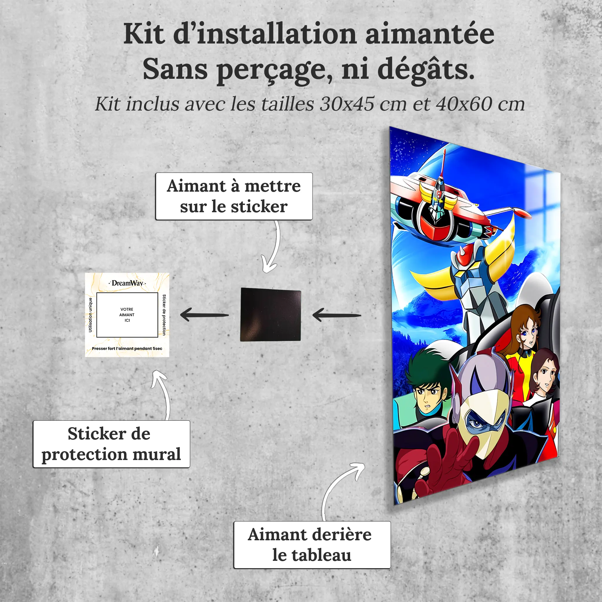 tableau-goldorak-et-son-equipe-avec-installation-aimantee | DreamWay