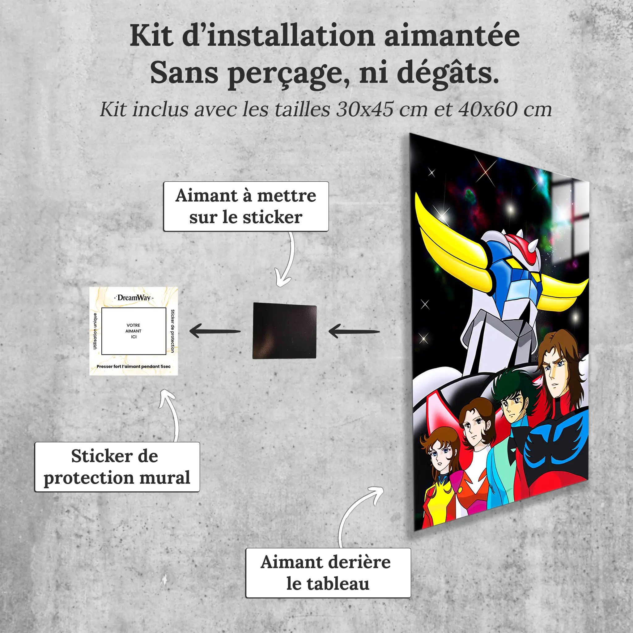 tableau-goldorak-et-son-equipe-galaxy-avec-installation-aimantee | DreamWay